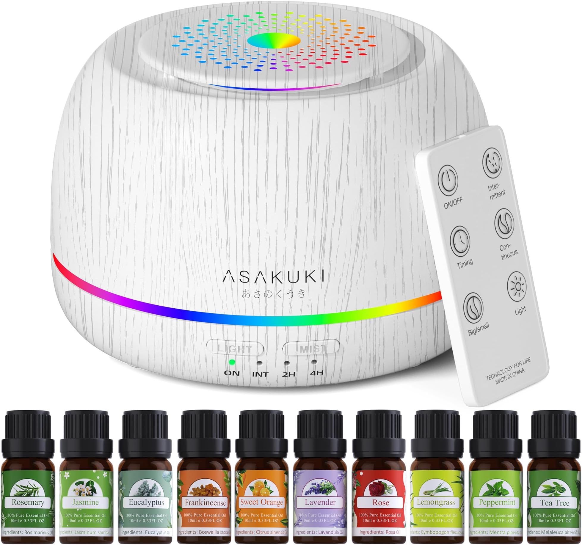 ASAKUKI300ml Premium, Essential Oil Diffuser with 10 Oils Set, Remote Control, 5 in 1 Ultrasonic Aromatherapy Fragrant Humidifier Vaporizer, Timer and Auto-Off, White Wood