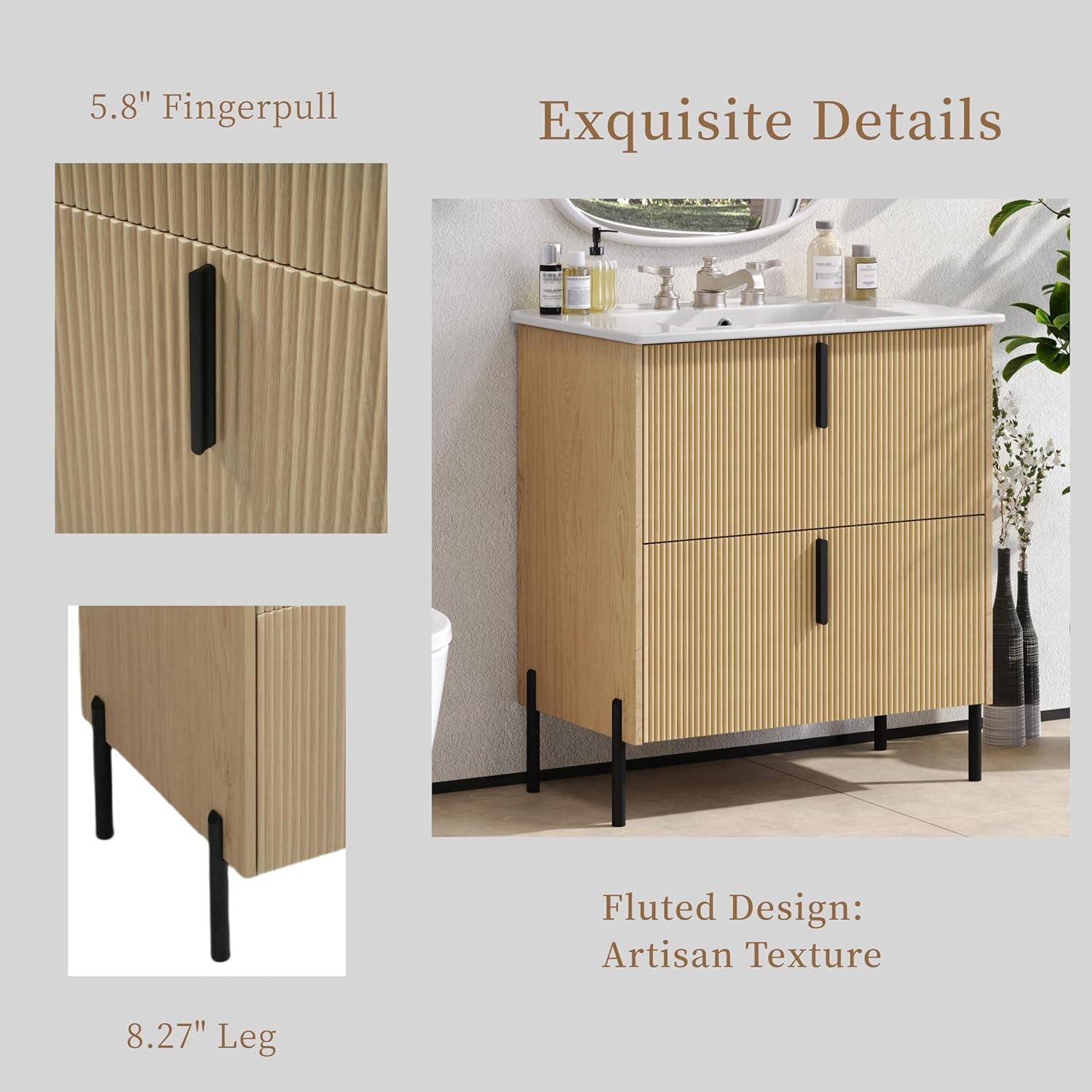 Virubi 30" Fluted Bathroom Vanity with Sink, Modern Reeded Bathroom Sink Cabinet with 2 Full-Extension Drawers, Soft Close Undermount Slides, Metal Legs and Handles, Freestanding, Natural Wood