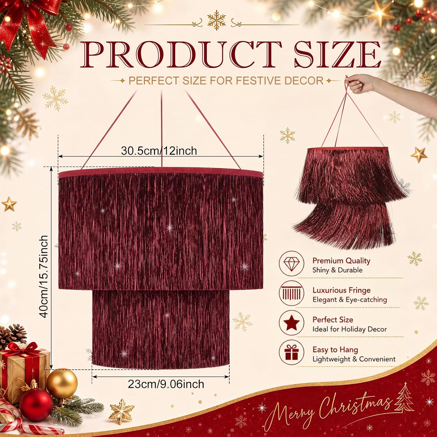 Fumete 1 Pack Burgundy Tinsel Fringe Chandelier, 16" 2-Tier Party Decor