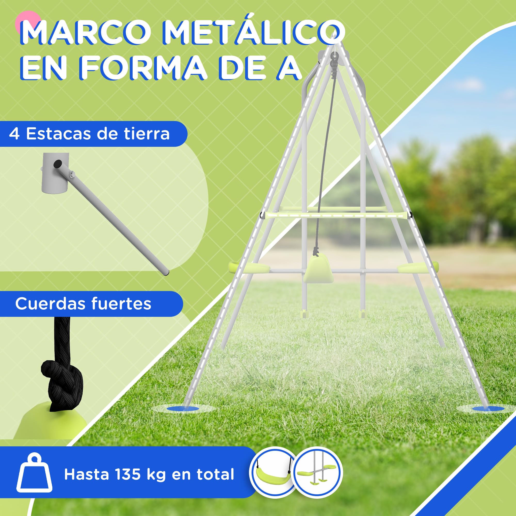 Outsunny Columpio para Niños Anti-UV 135 kg 255x160x180 cm Gris y Verde | Columpio Jardín Exterior, 1 Simple, 1 Planeador