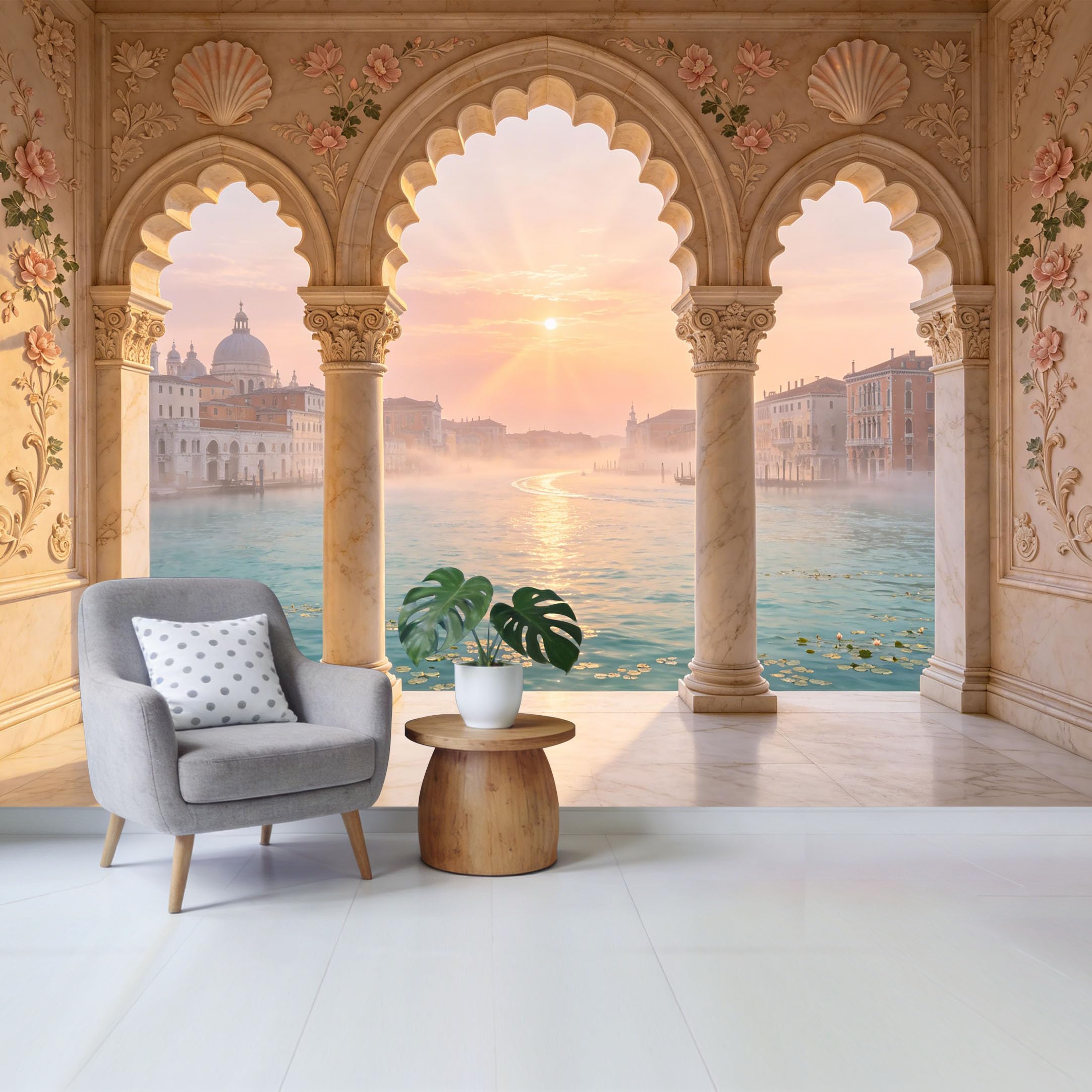 Removable Self Adhesive Fabric Mural， Venetian Canal Sunset Architectural Archway Custom Size Wall Covering， UV Protected Waterproof Washable Wall Decor for Living Room Bedroom Bathroom
