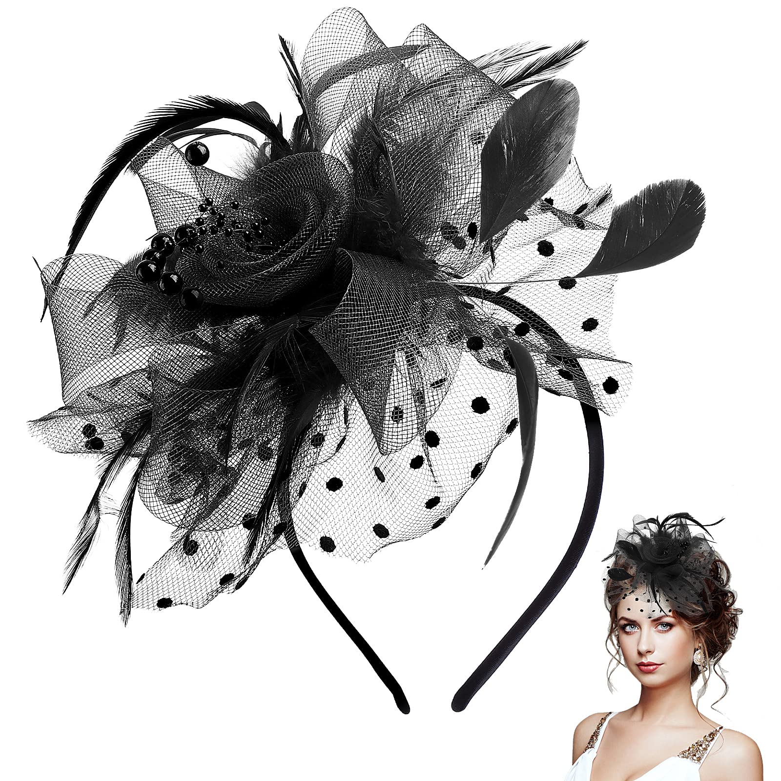 Fascinators Hat, 1920s Fascinators Hats for Women Flower Mesh Feathers Hair Clip Tea Party Hats Feather Headband