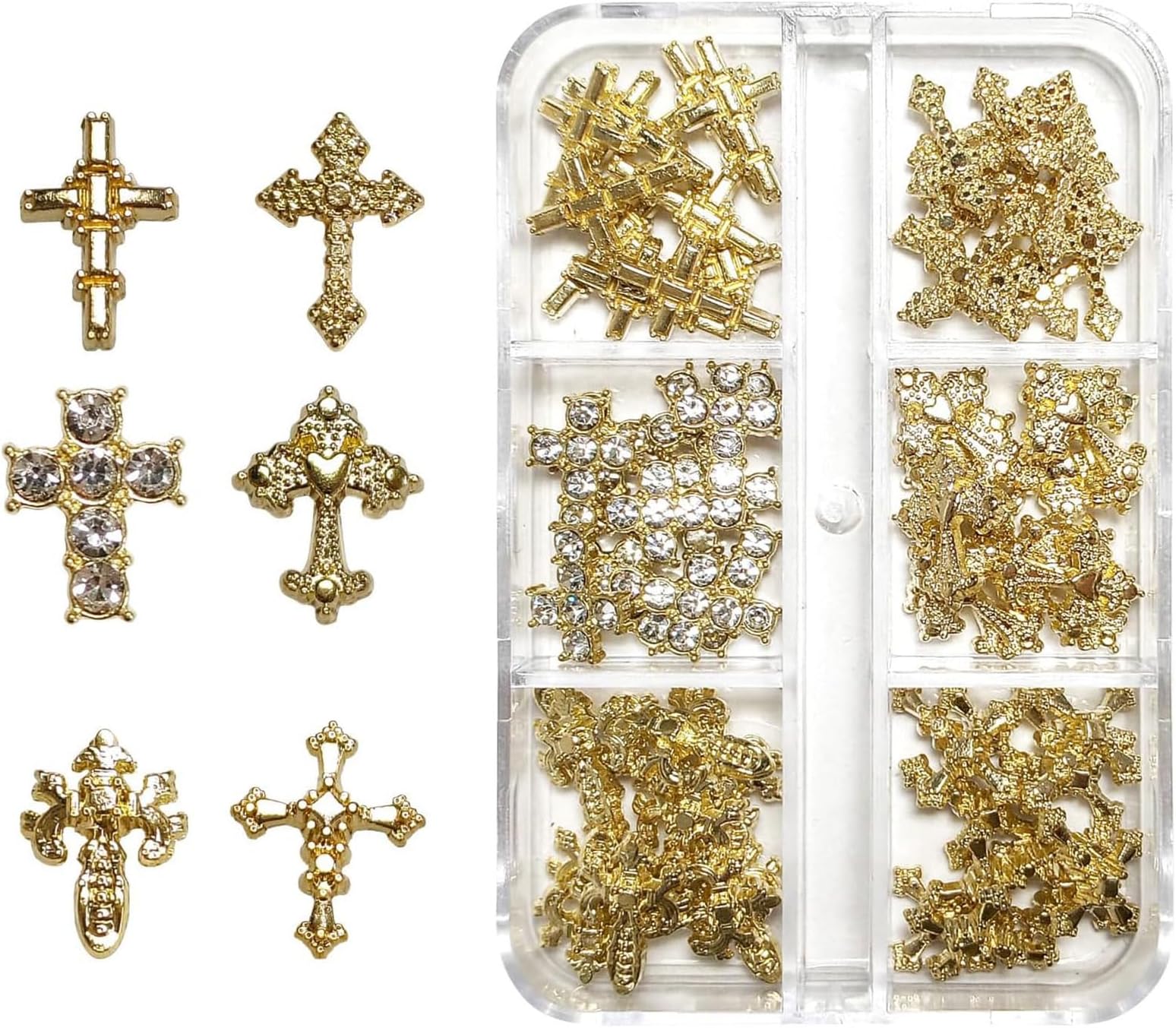 60 Pieces 3D Metal Alloy Nail Charms with Crystal Crosses – Ideal for DIY Punk Nail Art for Women and Girls, with Rhinestones, Gold
