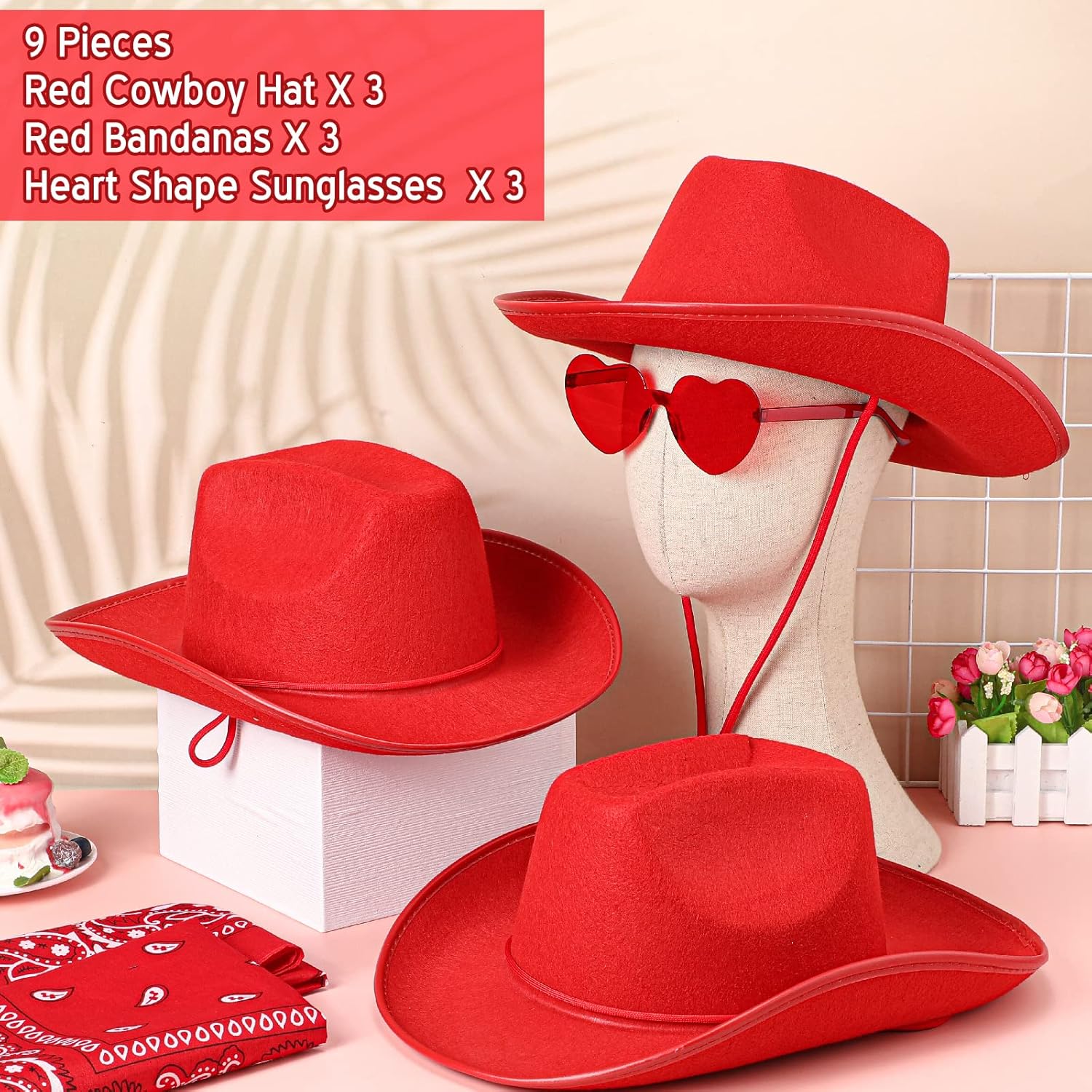 Geyoga 9 Pcs Adult Cowboy Hat with Paisley Bandanas and Heart Shape Sunglasses for Western Cowgirl Party Costume - Image 2
