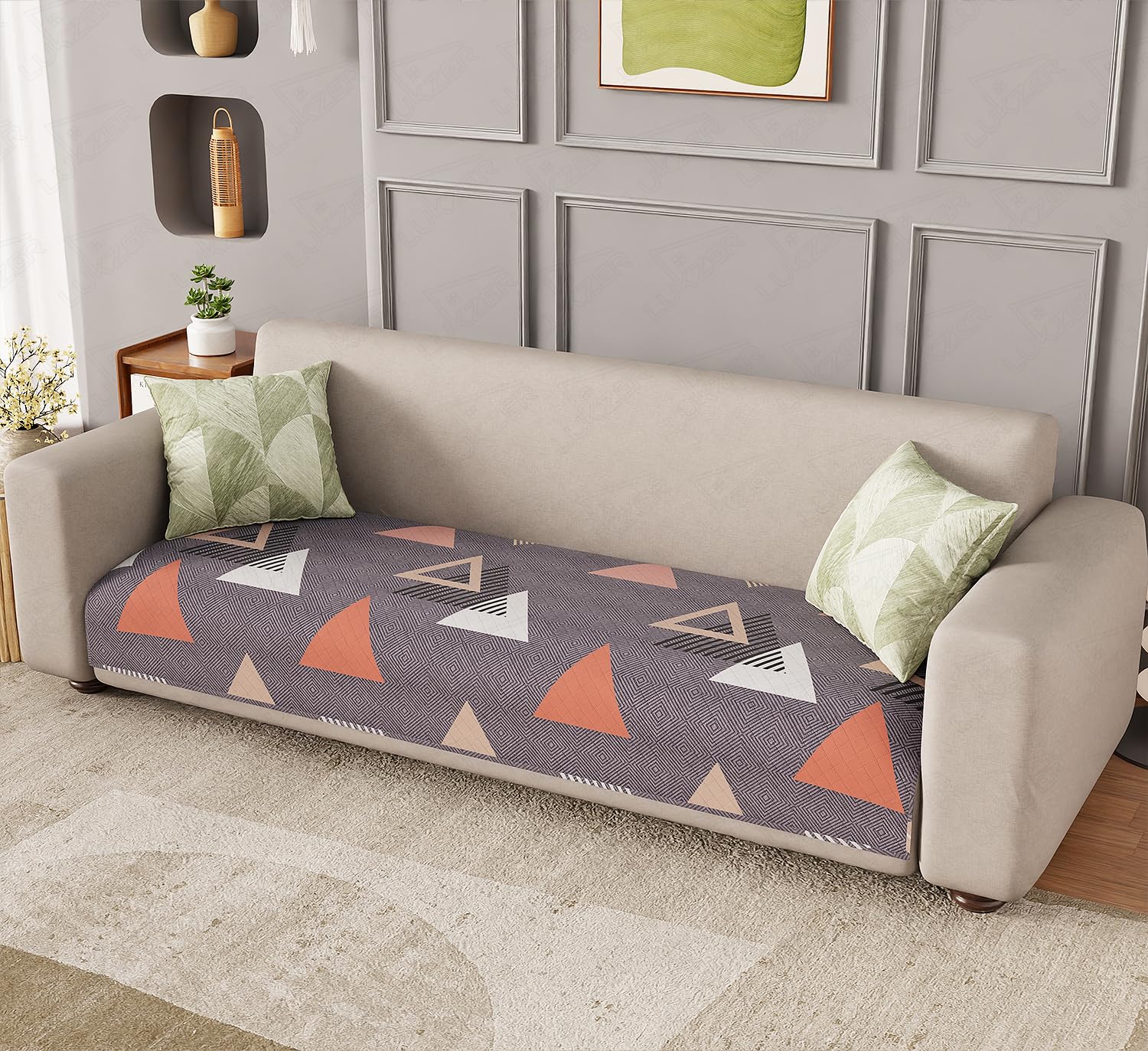 Lukzer Waterproof Quilted Sofa Cover Mat 220CM, 350 GSM Soft & Thick Printed Polyester, Floating Triangle Pattern, Universal Couch Protector for Home & Office (SC-188-05) – Ideal for 4-Seater-image-45