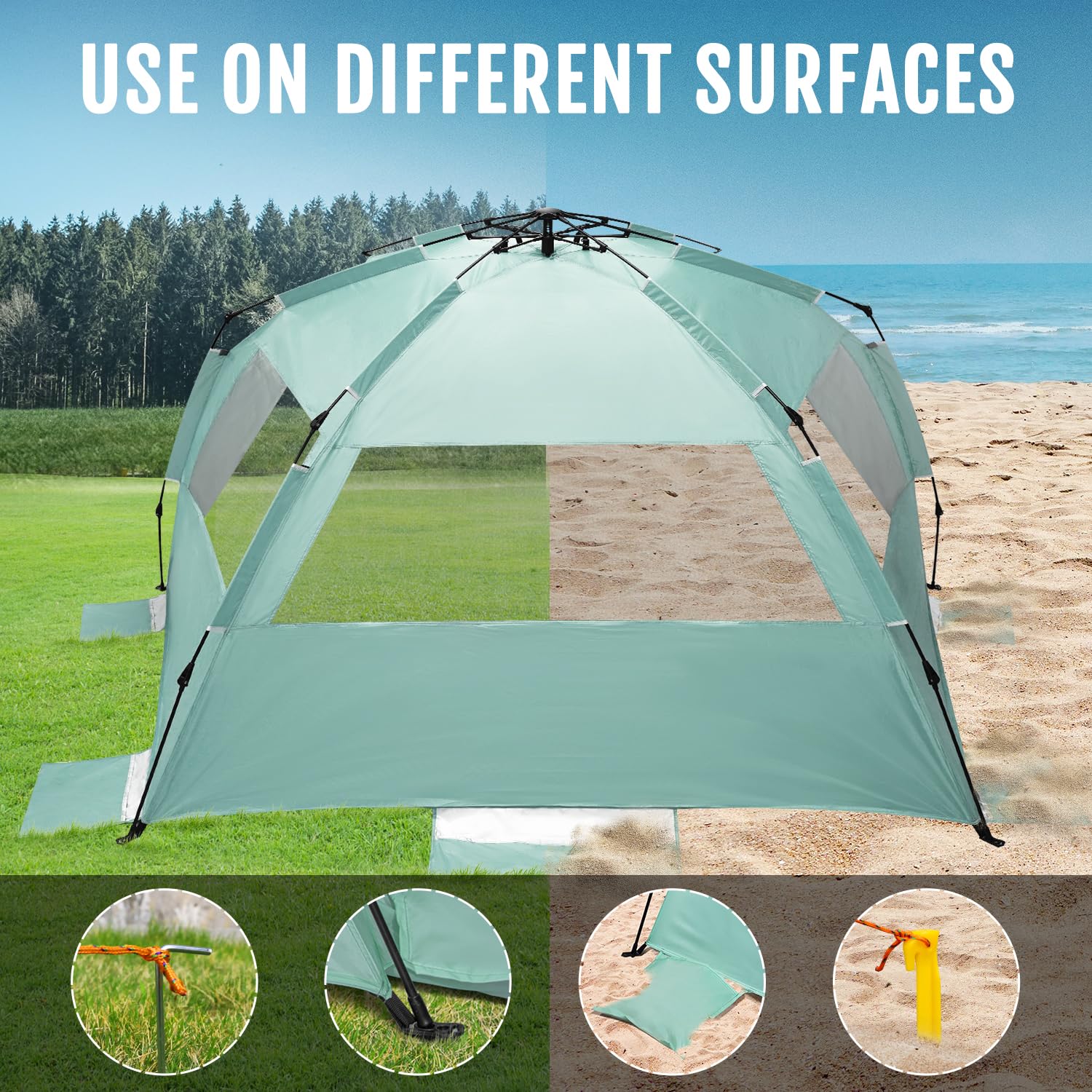 WhiteFang Deluxe Tente de plage pop up pour 3-4/5-6 personnes, protection UV, sol extensible, avec 3 fenêtres en maille aérée, Sac de transport, piquets et haubans inclus