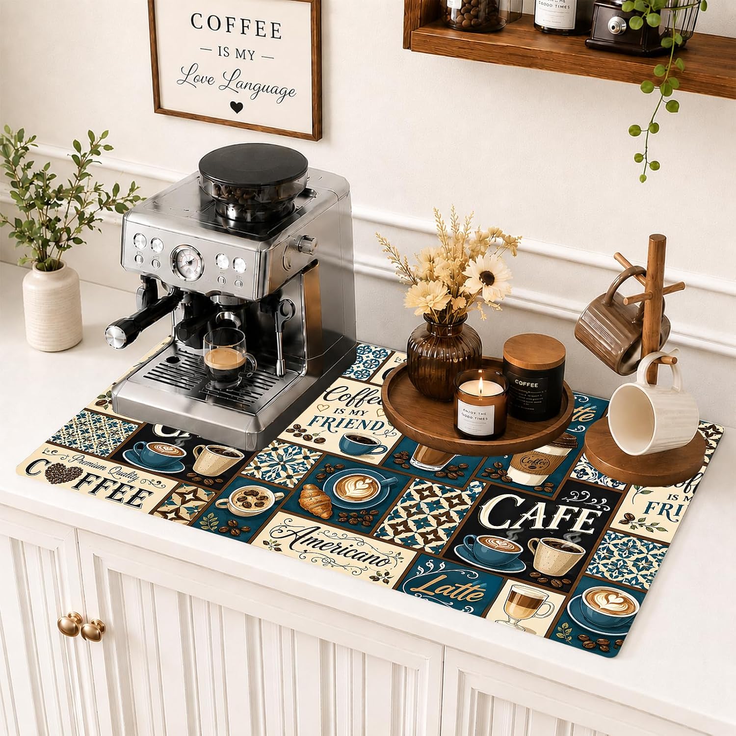 Coffee Maker Mat for Countertop 16" x 24", Vintage Coffee Bar Station Espresso Machine Coffee Pot Mats for Countertop, Dish Drying Mat Pad for Kitchen Counter Accessories