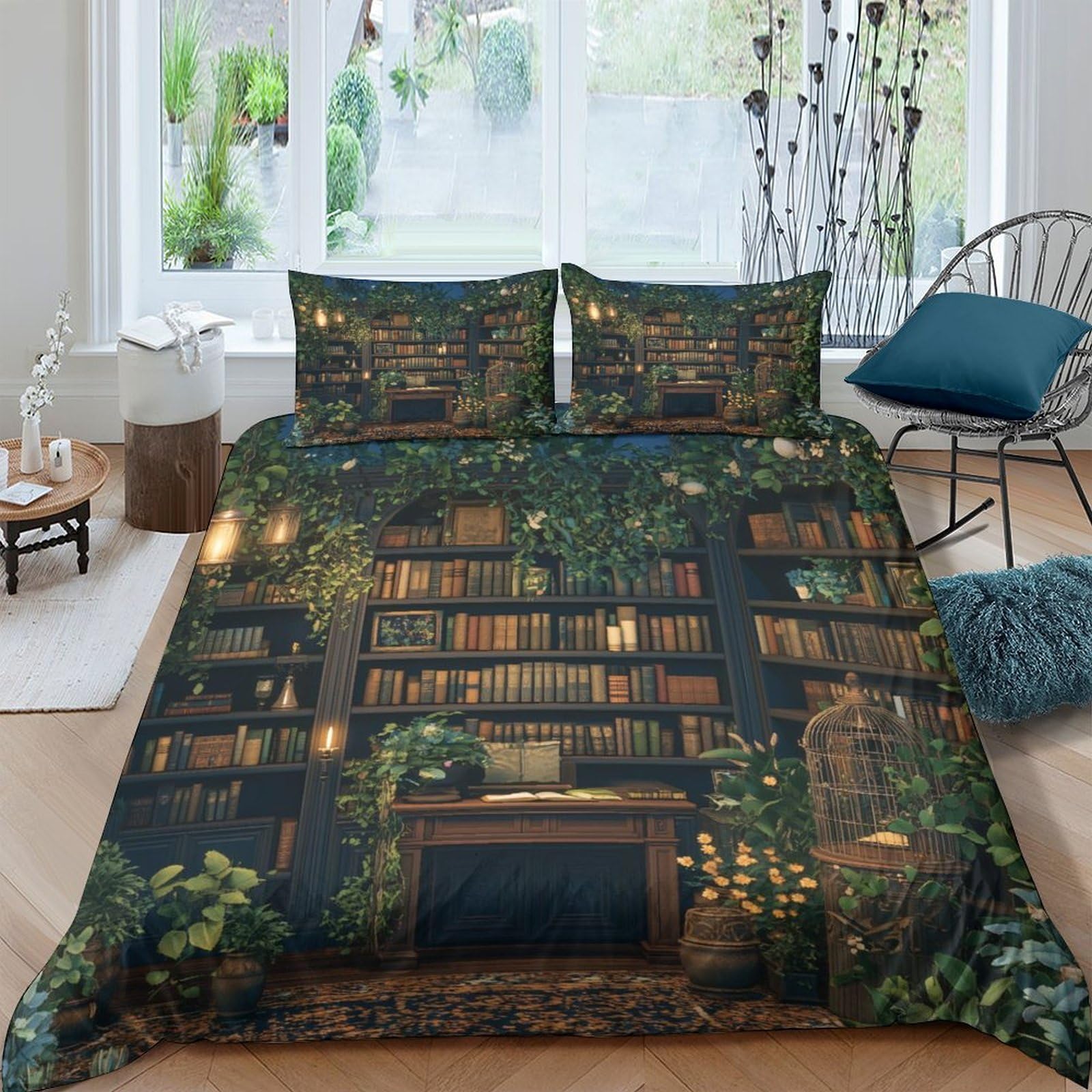 P5V6M1Q9 3D Printed Library Bookshelf Duvet Cover Set Microfiber Breathable Greenery Bedding with 2 Pillowcases for Bedroom Home Single（135x200cm）