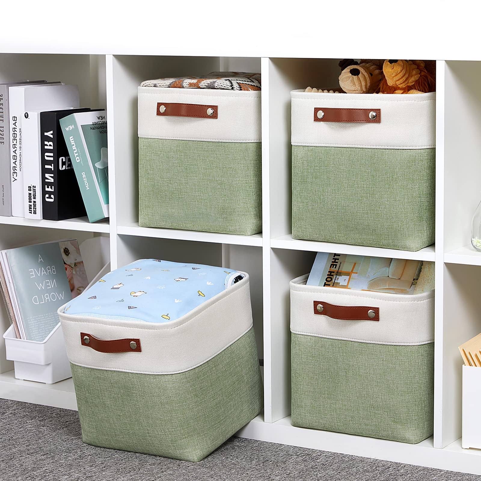 DULLEMELO Aufbewahrungskörbe zum Organisieren, Stoff-Aufbewahrungswürfel für Box, 27,9 cm, dekorative Würfel-Aufbewahrungskörbe mit Griff für Geschenkkorb (4 Stück, 27,9 cm, Weiß und Grün)