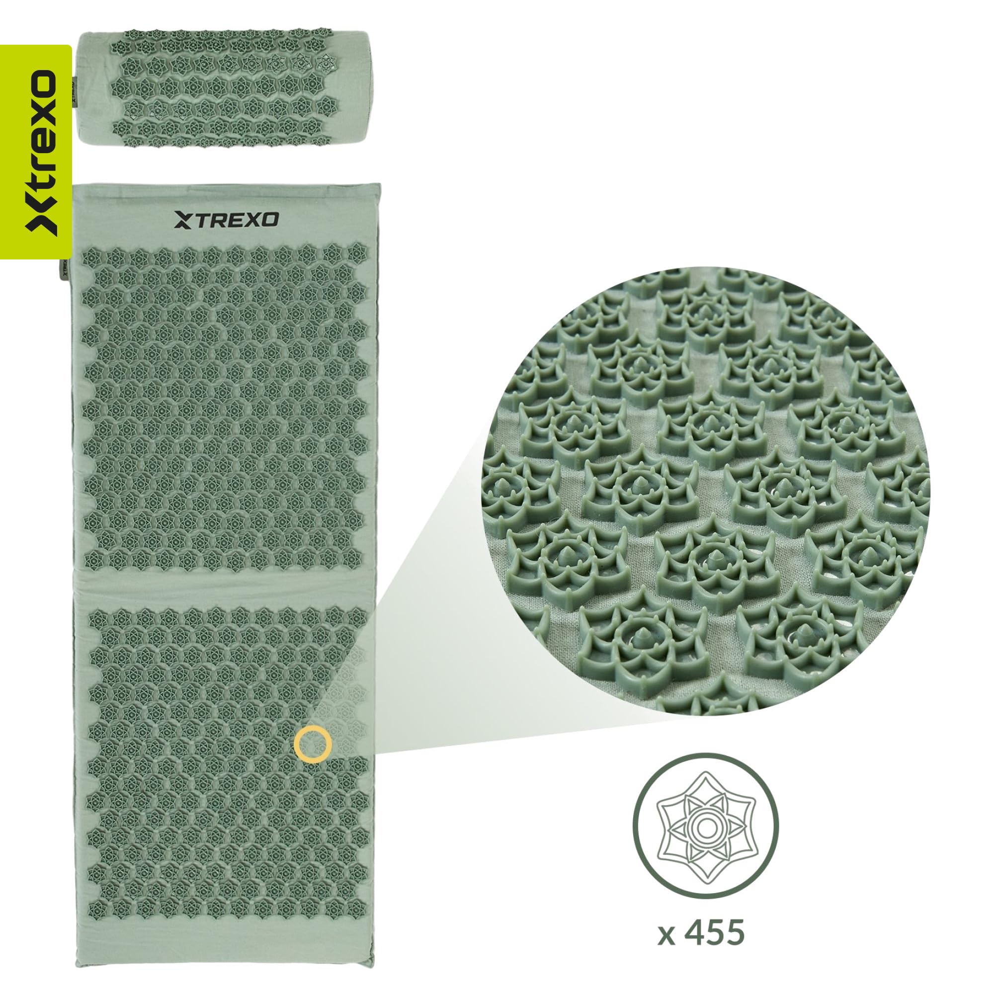 TREXO Grand tapis d'acupression avec coussin vert 110 x 44 x 2 cm avec coussin 38 x 15 cm avec housse en coton et éponge 18D - Pics en PVC résistants à l'abrasion - Soulage les tensions musculaires