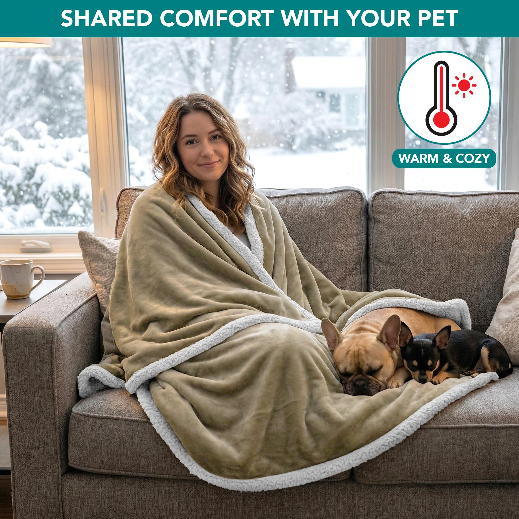 PetAmi - Manta Impermeable para Cama tamaño Queen, Perros Grandes y extragrandes, para sofá, protección a Prueba de Fugas, Forro Polar Sherpa, Reversible, Suave, Lavable, 229 x 229 cm, Color Beis
