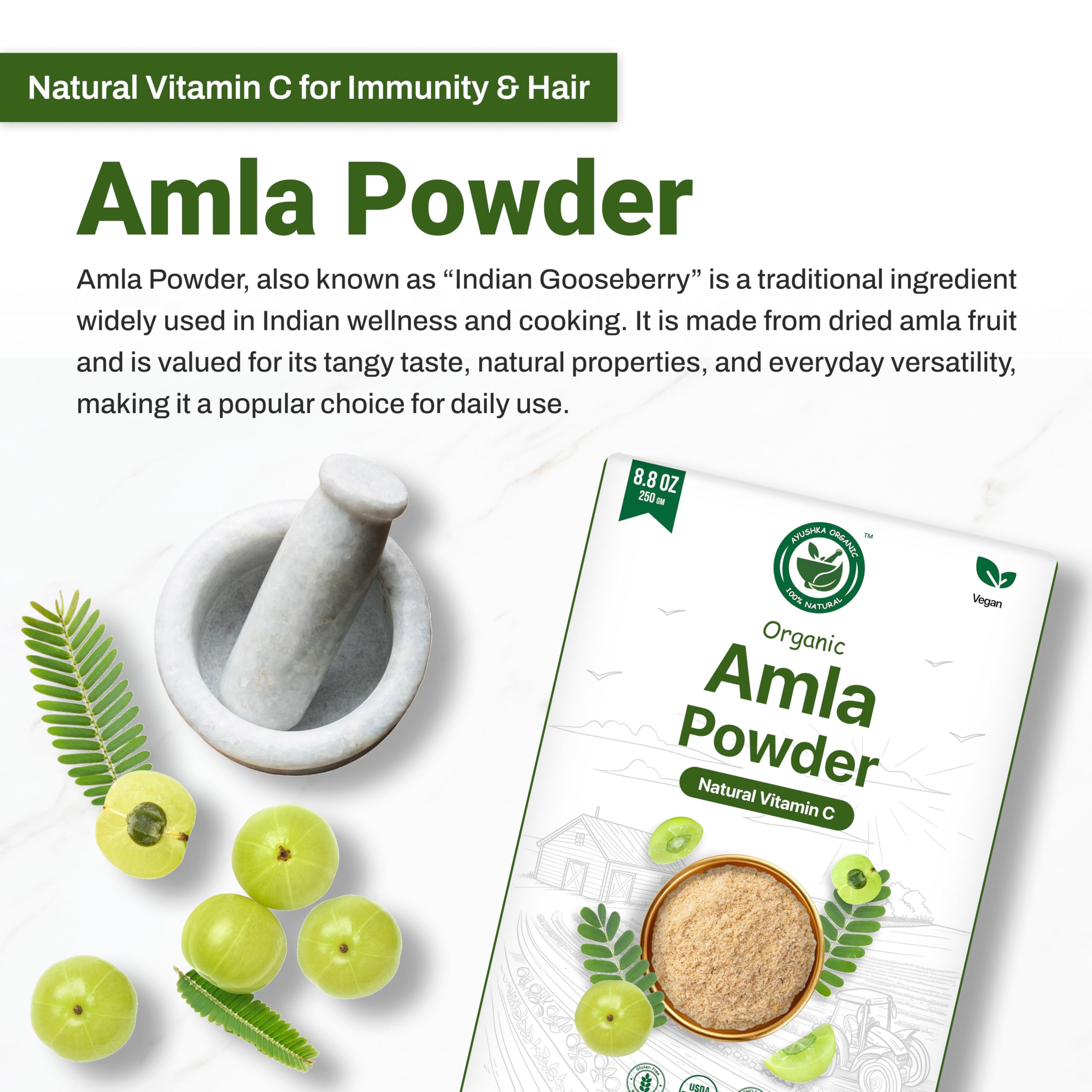 Amla Powder 250g | India Organic & USDA Organic Certified | 100% Pure Indian Gooseberry (Amla/Nellikkai) Whole Fruit Powder | Rich in Natural Vitamin C | Superfood for Hair, Skin, Immunity & Daily Wellness | Vegan product image 3
