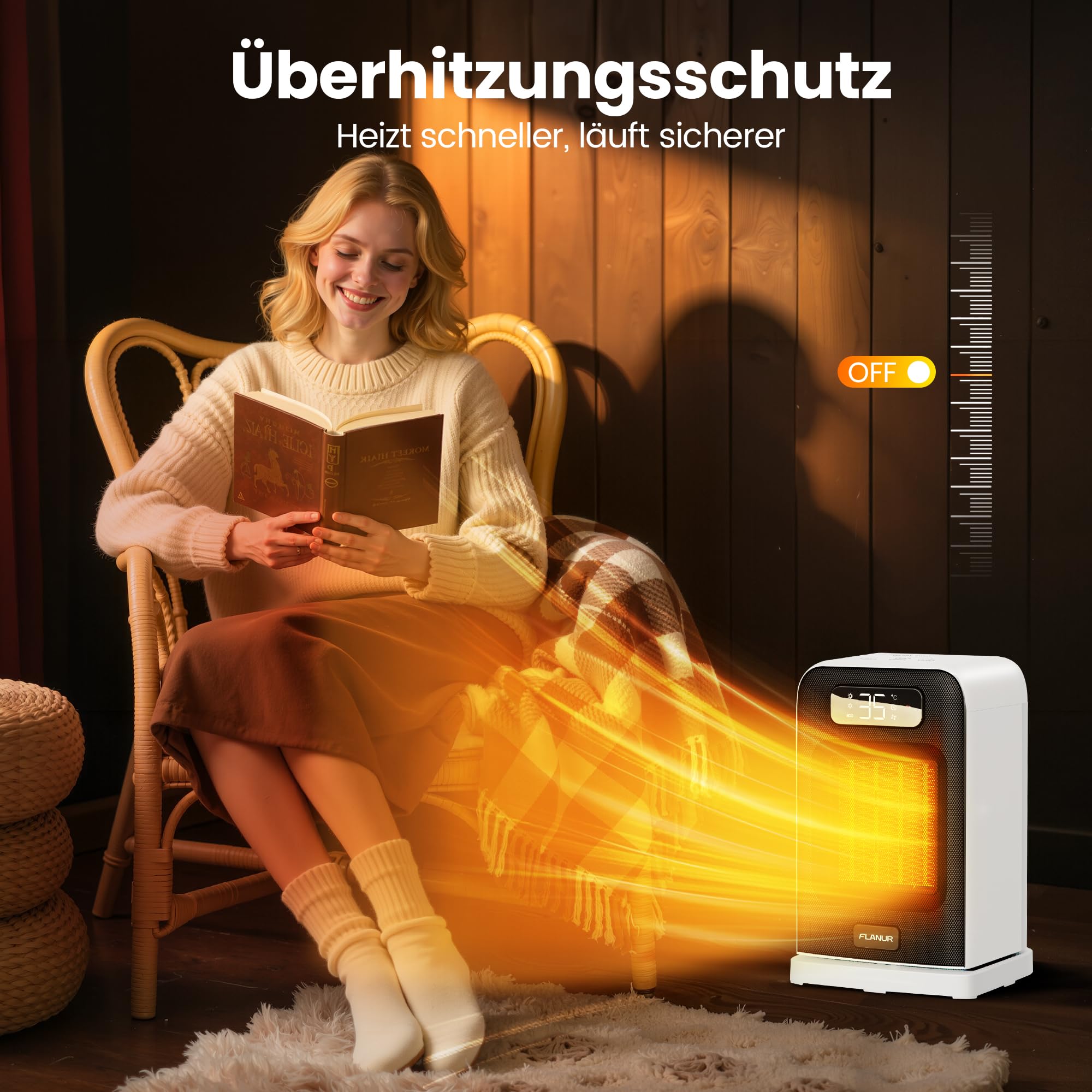 FLANUR Calefacción de suplemento 1500 W, Calefacción eléctrica de cerámica PTC con termostato, 12 horas, temporizador, protección antisobrecalentamiento y antivuelco, mando a distancia, blanco