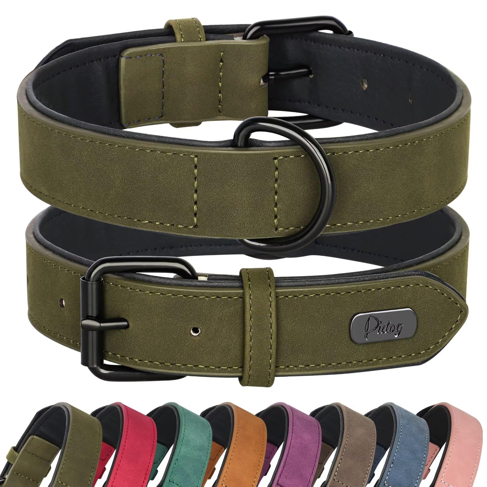 Collier pour chien en cuir souple Didog rembourré et élégant pour grand chien vert foncé L