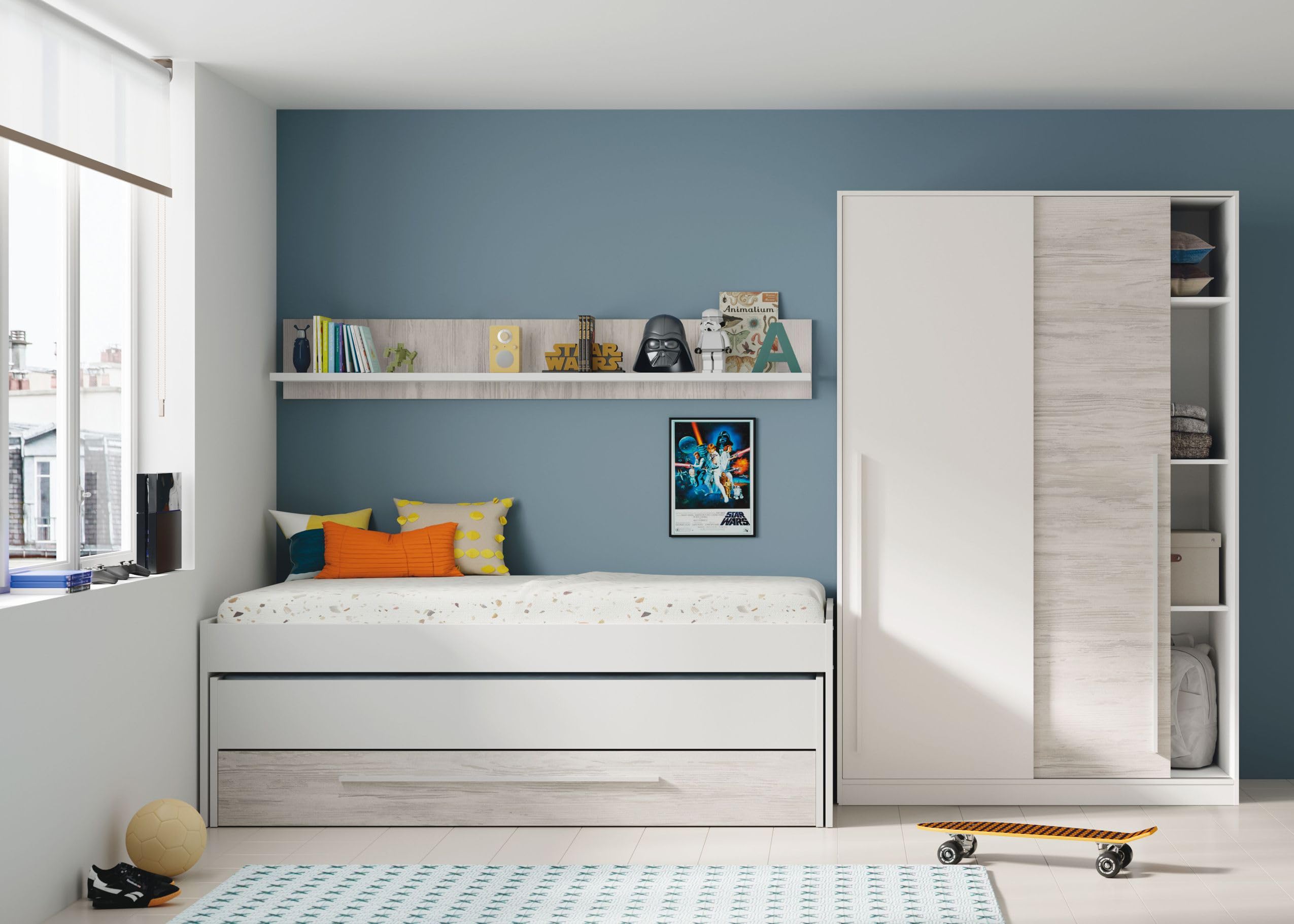 Habitdesign Cama Nido Juvenil 2 Camas Cajon Estante Infantil Blanco 199x96x65 cm
