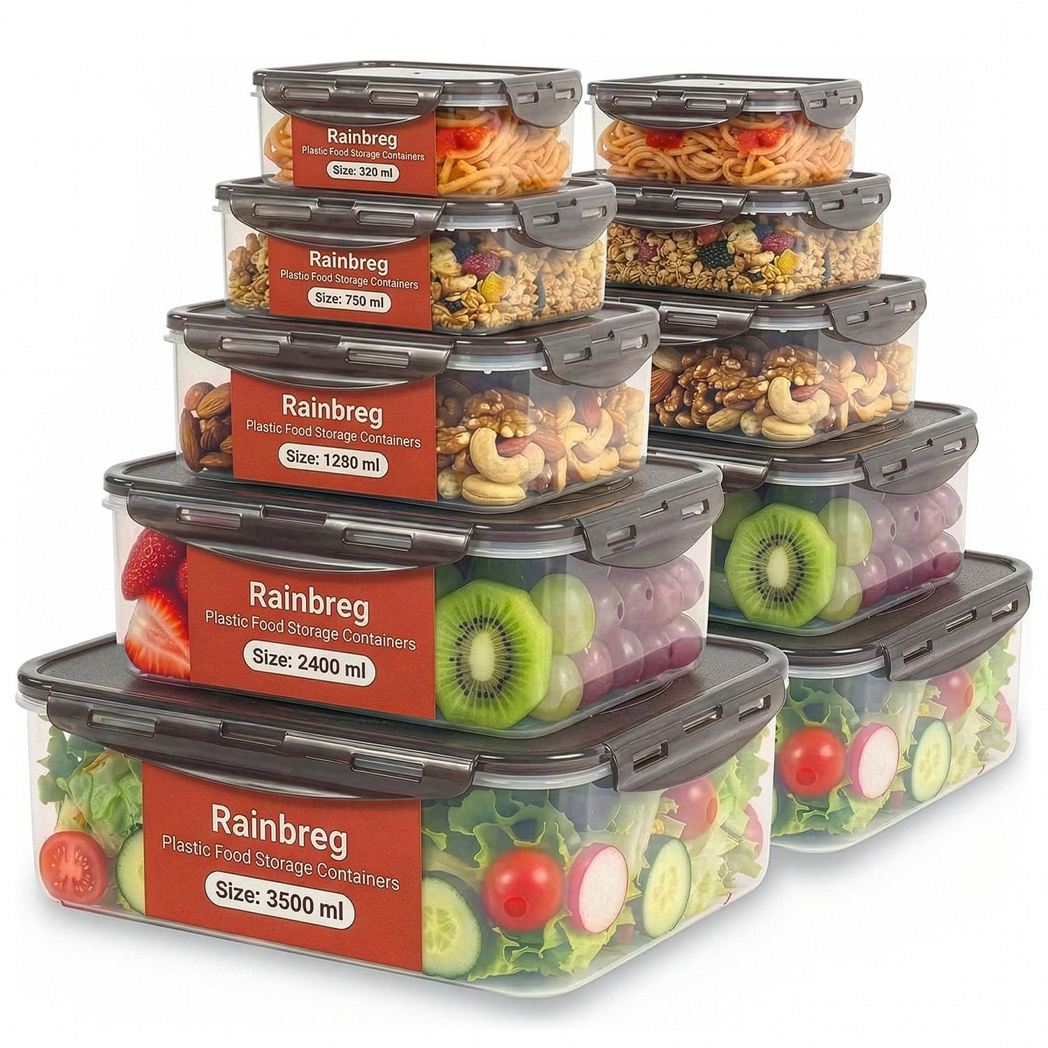 Rainberg Food Storage Containers - 20 Pieces (10 containers & 10 Lids) Leak Proof, Airtight Food Containers with Lids, Stackable, Freezer, Microwave & Dishwasher Safe (Grey)