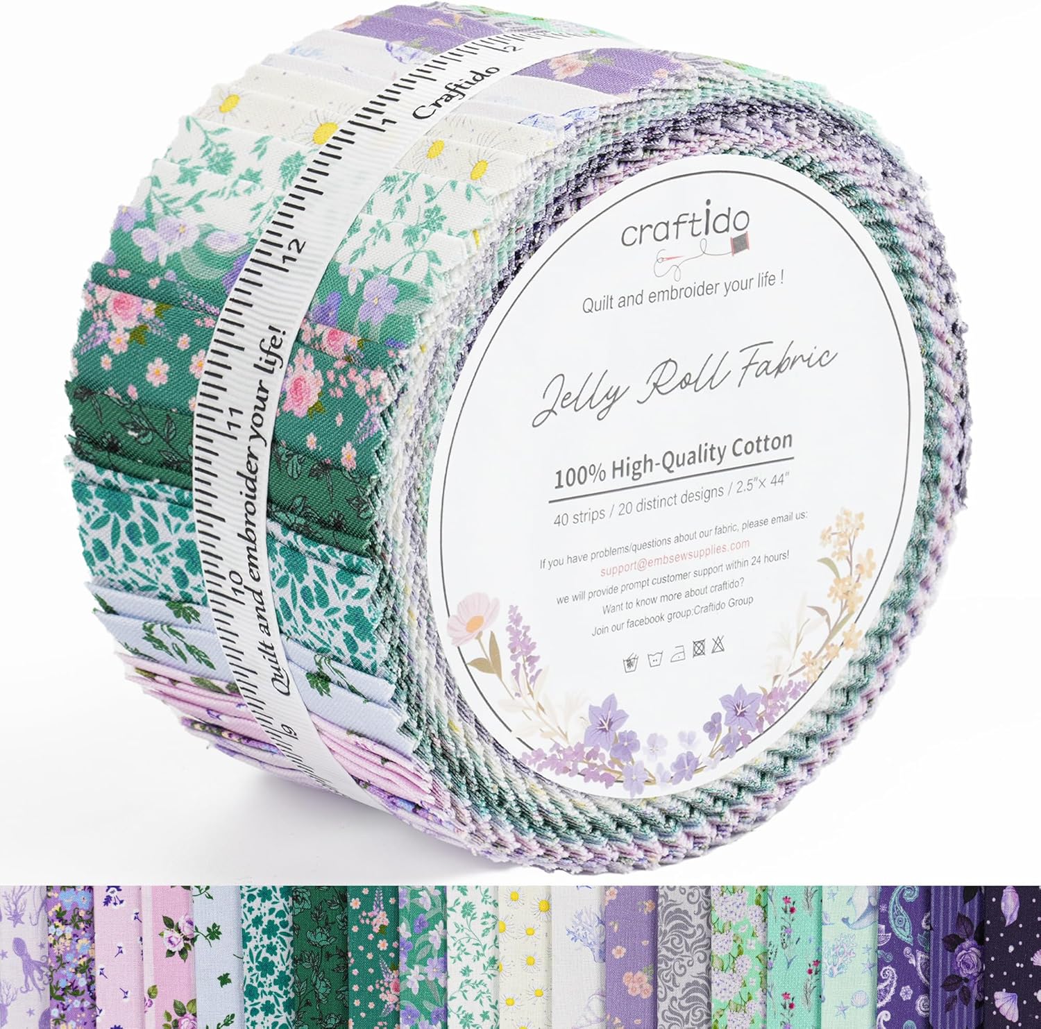Craftido-18 Options-100% Cotton Jelly Roll Fabric Precut Strips for Quilting, Crafting, and Sewing, 40 Strips 2.5" x 44" Assorted Bundles for Rug, Quilt Project, DIY Craft and Home Decor-Happy Mermaid