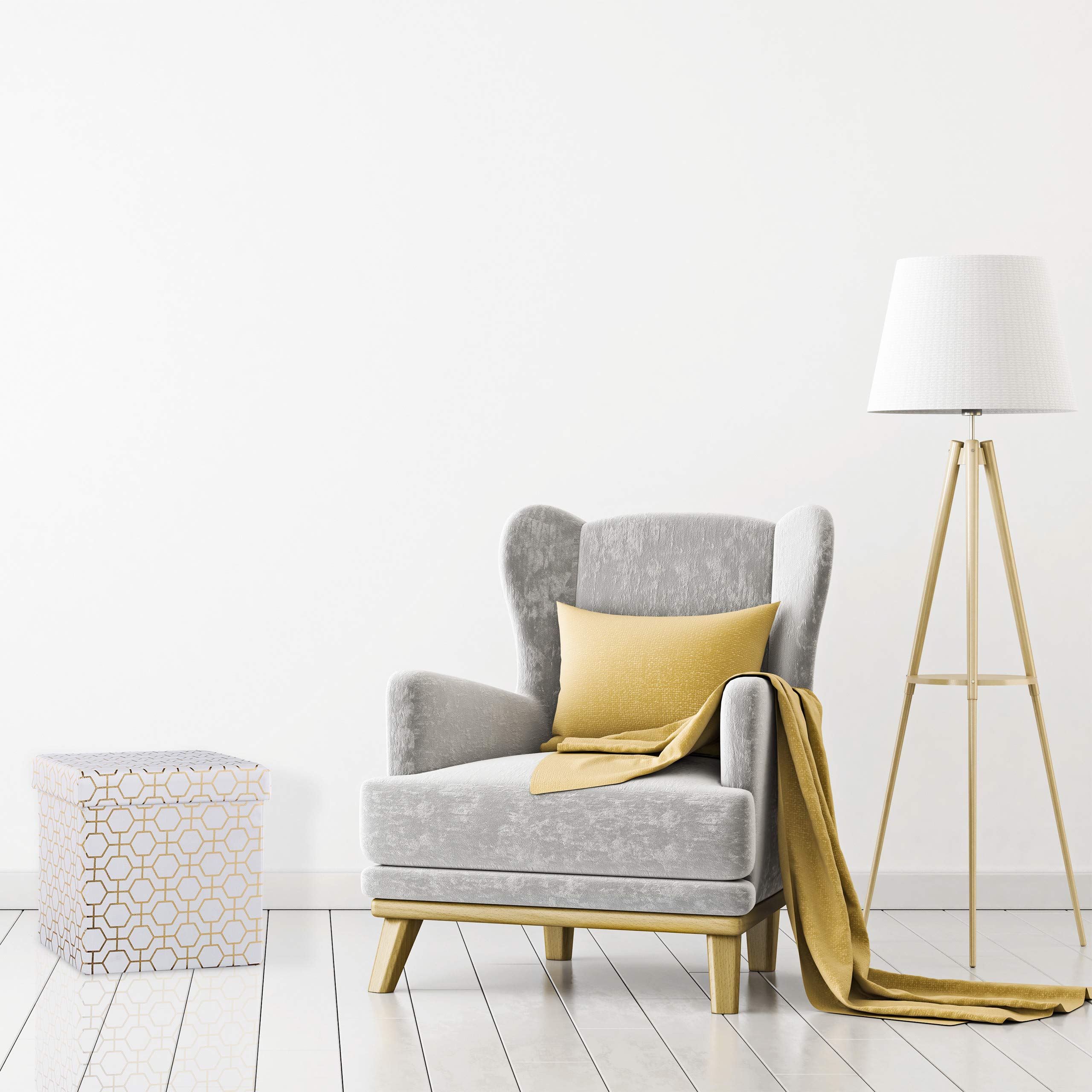 Relaxdays Pouf Pieghevole, Sgabello Imbottito con Coperchio, Motivi Geometrici, Spazioso, HLP: 38x38x38 cm, Bianco-Oro