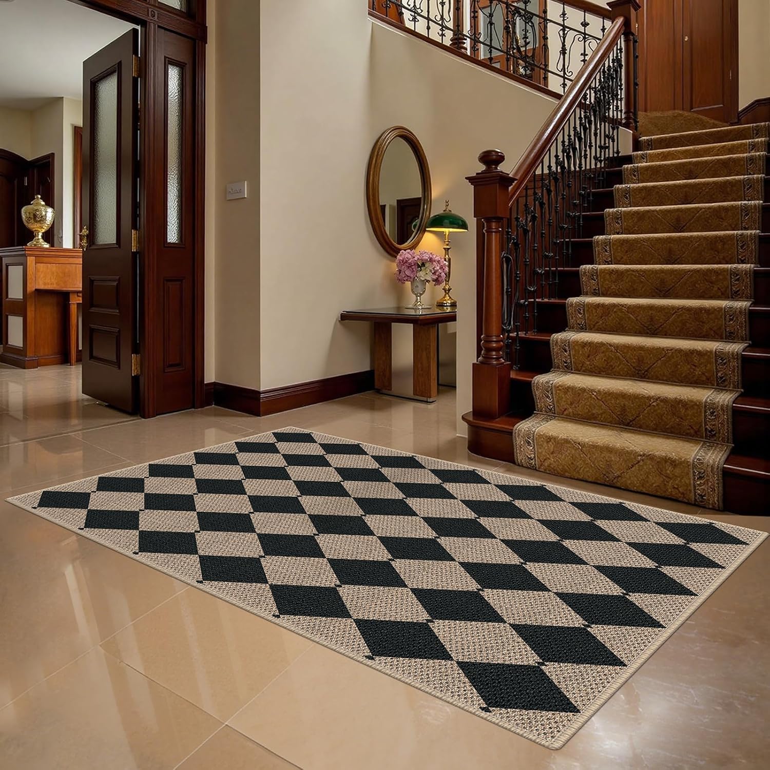 Easy Jute 3x5 Black Checkered Area Rug,Washable Entryway Rug, Modern Diamond Door Carpet,Neutral Non-Slip Outdoor Indoor Farmhouse Rug for Living Room Kitchen Patio Bedroom