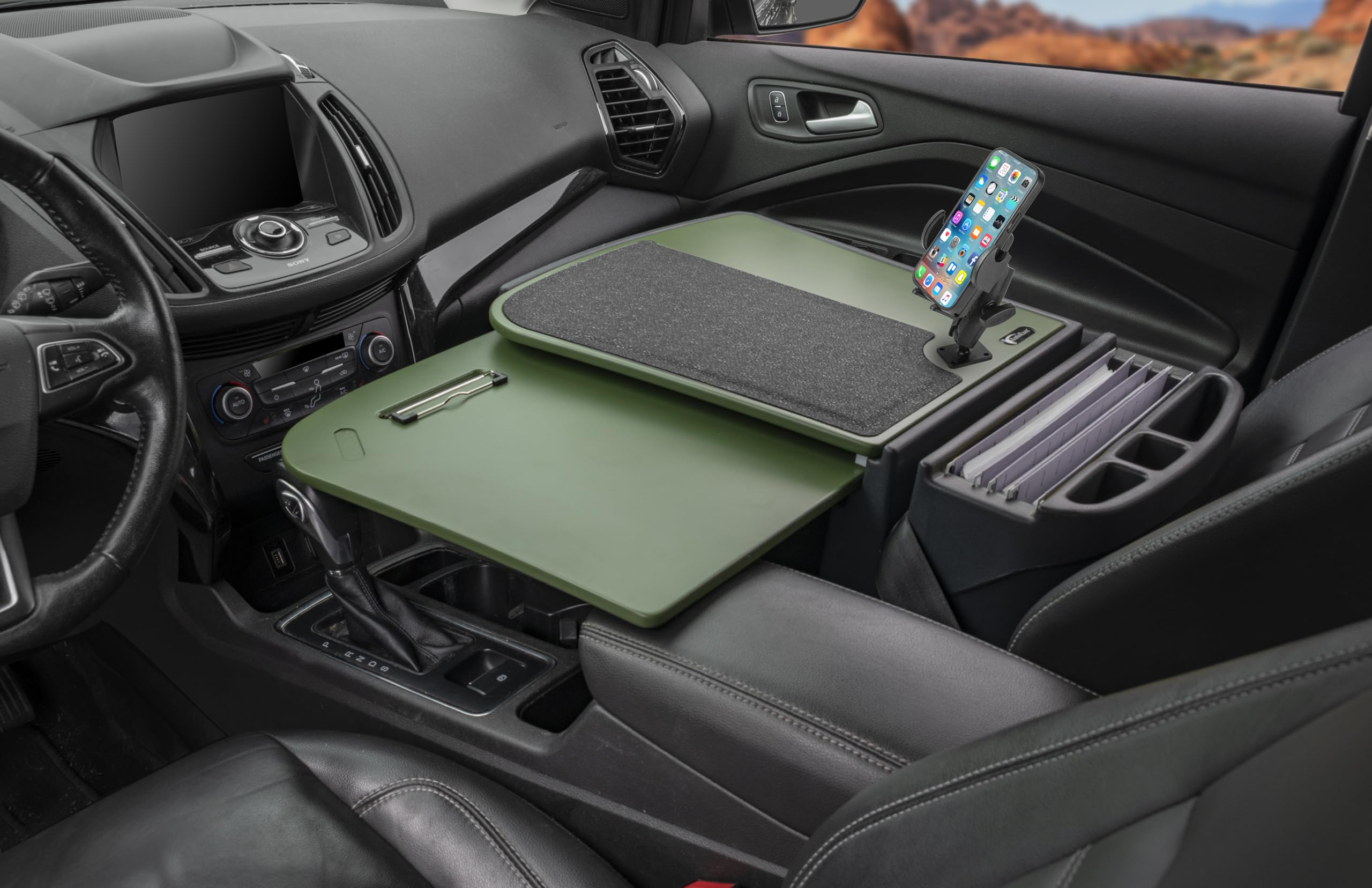 AutoExec AE-GMCD-PM-AG GripMaster Auto-Schreibtisch für Ihren Fahrzeug-Arbeitsplatz und mobiles Büro, Armeegrün mit Telefonhalterung