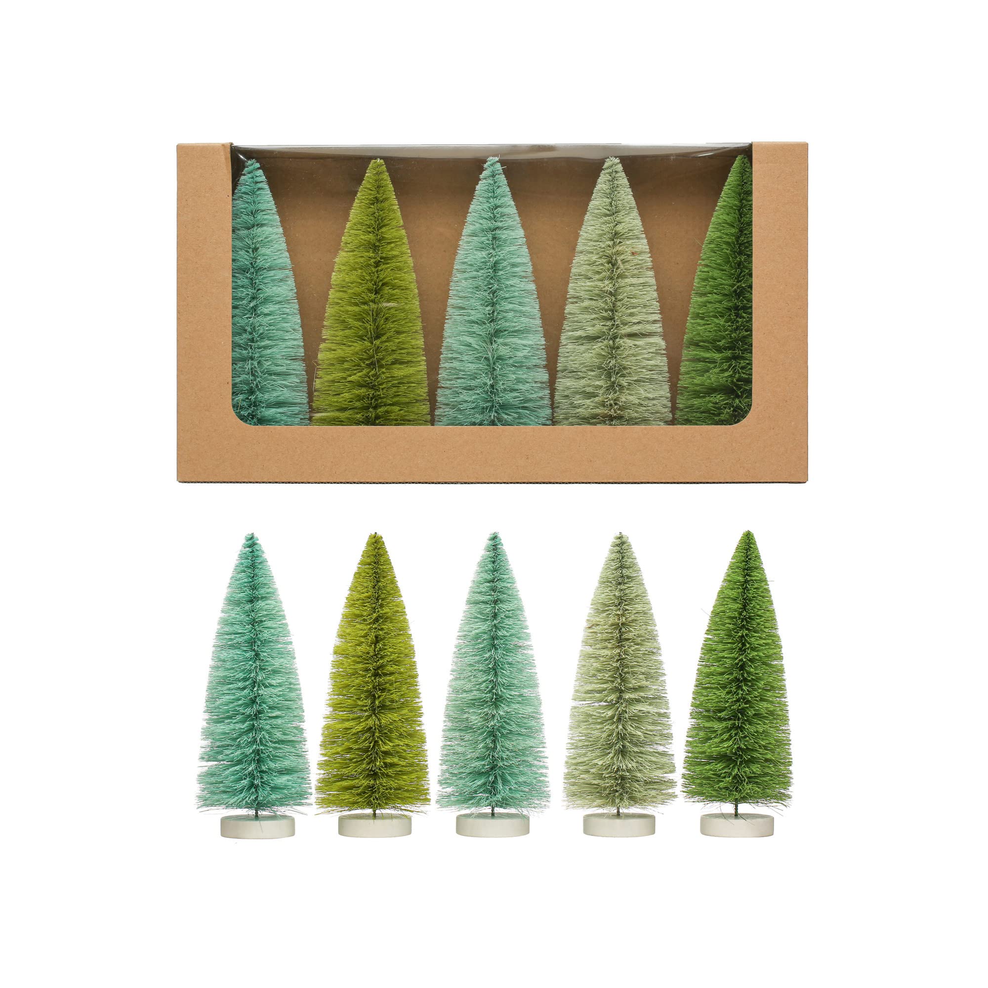 2-3/4" Round x 8" H Sisal Bottle Brush Trees w/Wood Bases, Green & Mint Colors, Boxed Set of 5