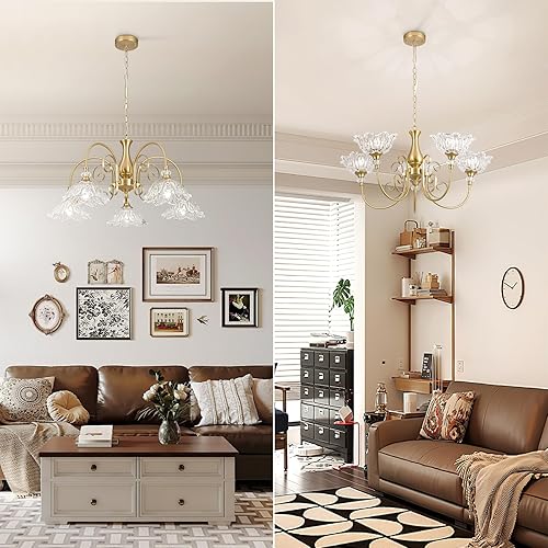 Miniatura 9 de 5-Light Vintage Chandeliers in Matte Brass Finish with Crystal Glass Shades, Retro Chandelier Light for Dining Room,Hallway,Kitchen