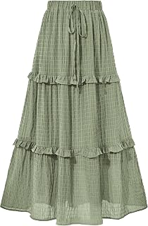 BTFBM Women's Boho Flowy A-Line Midi Skirt High Waist Elastic Pleated Summer Beach Wedding Guest Dress