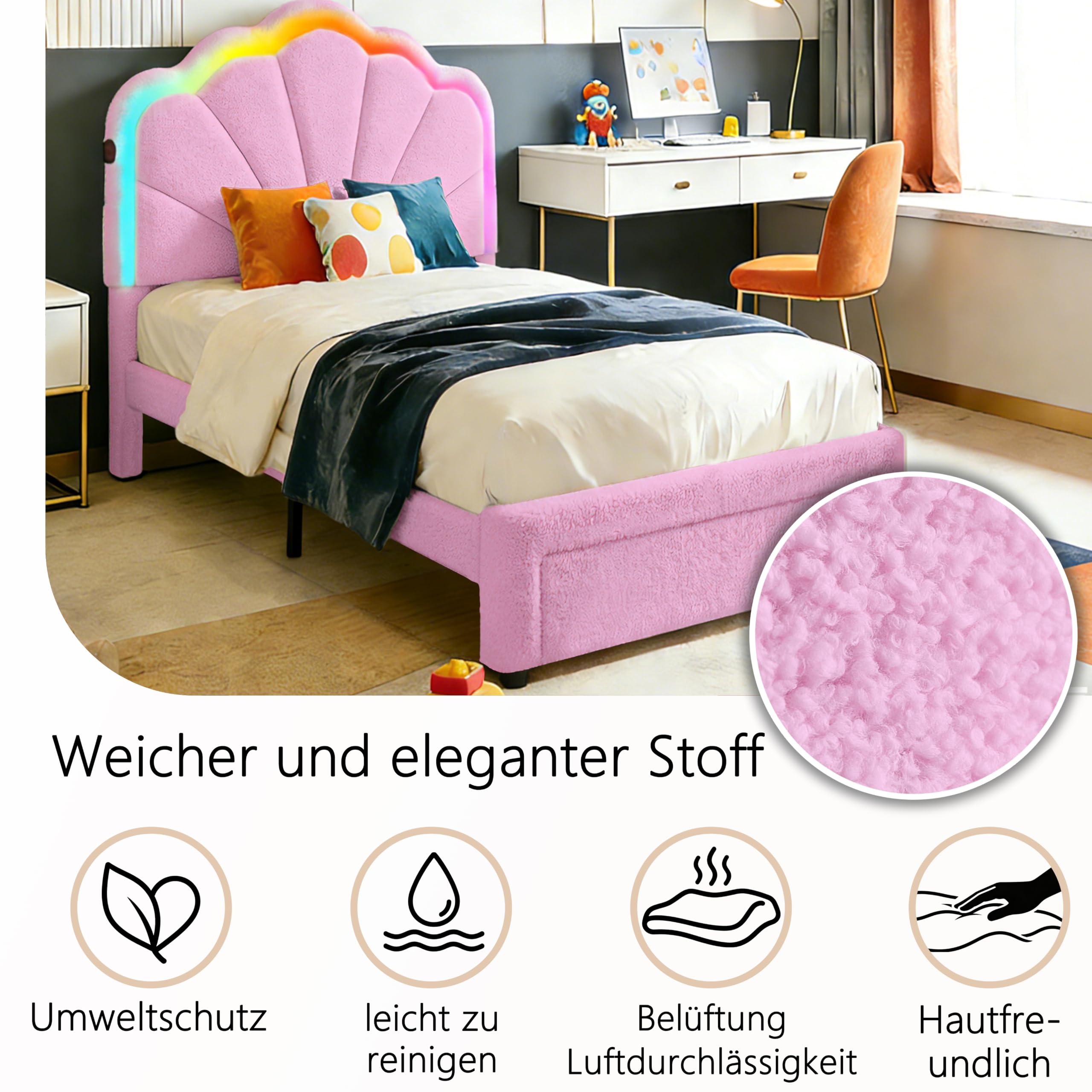 Bettrahmen mit 1 Schublade, 90×200 cm, Teddyvelours, Pink | LED-Beleuchtung, verstellbares Kopfteil, Ladestation, USB & Type-C, gepolstertes Bett, Fußteil-Schublade, Holzlatten