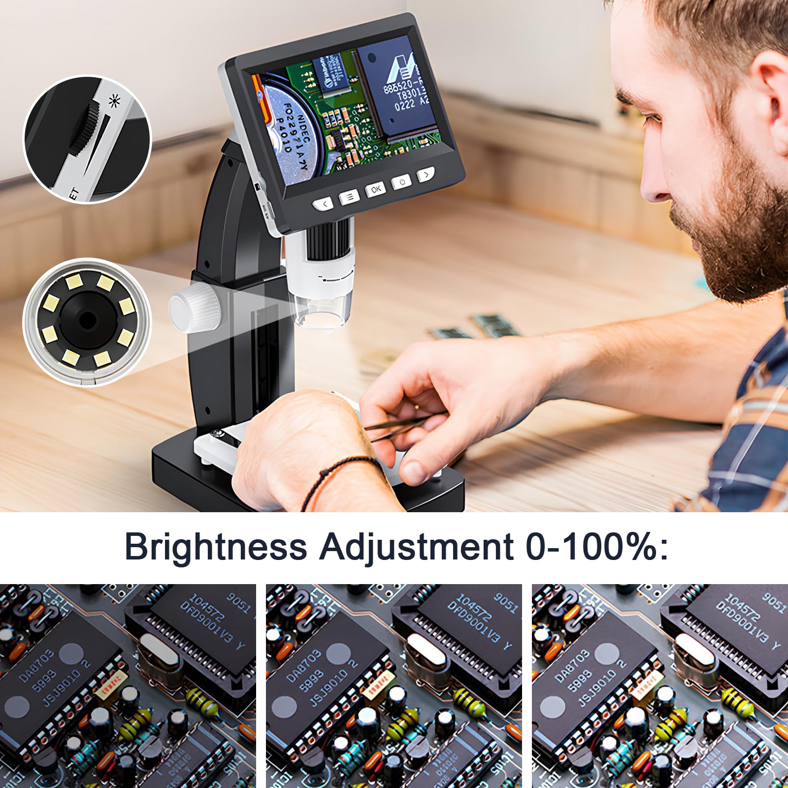 Microscopio Digital LCD, Aumento de 50x a 1000x, Pantalla de 4,3 Pulgadas, Resolución de 1080P, Lente de 2 Millones de Píxeles, con 8 Luces LED, Conectable a PC, Computadora portátil