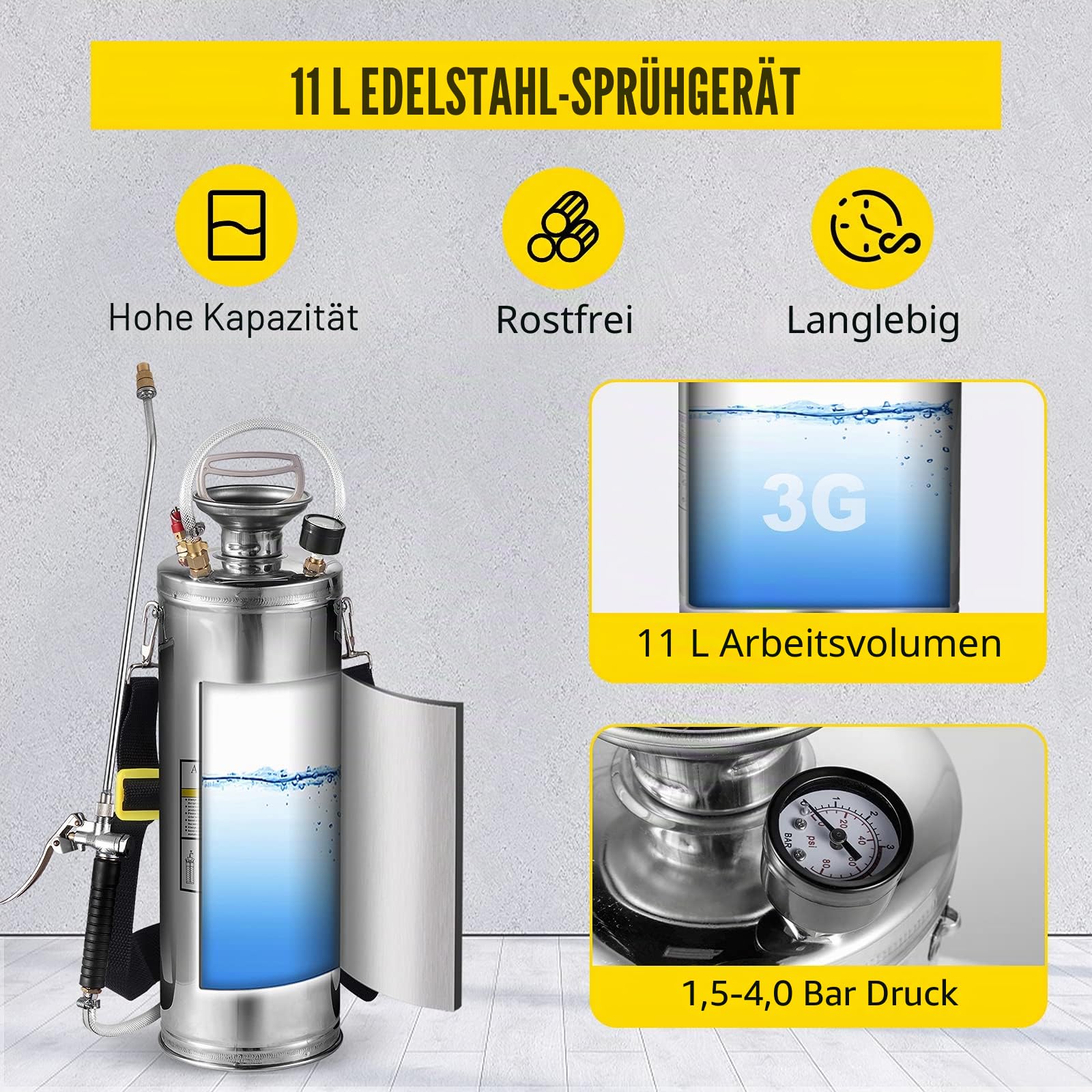 Vevor 10 l Drucksprüher, Edelstahl, Garten, Zerstäuber, für Pflanzen, für Gartenarbeit und Reinigung am Boden, geeignet für die heutigen Anforderungen in Industrie, Landwirtschaft, Handel, Medizin