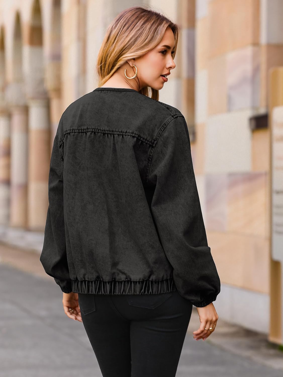 Glamaker Womens Denim Bomber Jacket Trendy Casual Zip Up Crew Neck Long Sleeve Loose Fit Jean Jacket Fall Outfits - Image 4