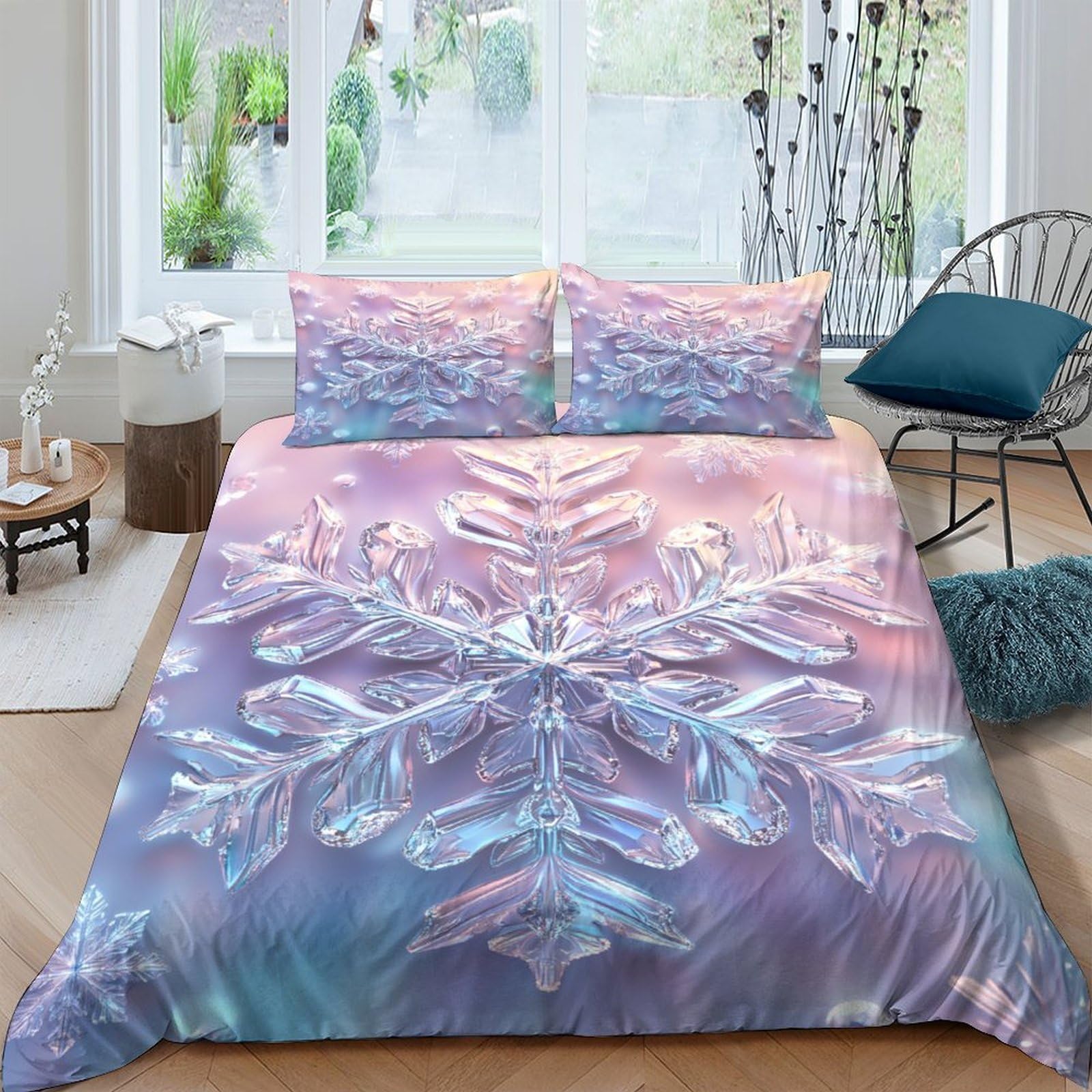 Ctjqhvkz Style-2 3D Printed Iridescent Snowflake Fitted Sheet Microfiber Pastel Crystal Mattress Cover Bedroom Decor Easy Care Single（135X200cm）