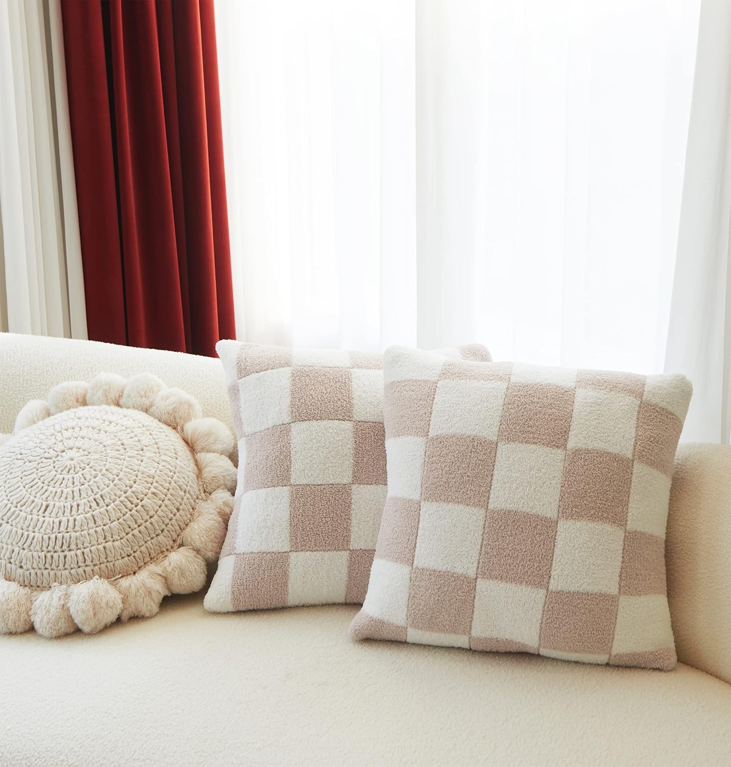 REPRECONF Set of 2 Ultra Soft Cozy Buffalo Checkerboard Fluffy Microfiber Checker Knitted Throw Pillow Cover Fleece Cushion Case Decorative for Sofa Couch Bed 18 inches Both Sides (Cream)