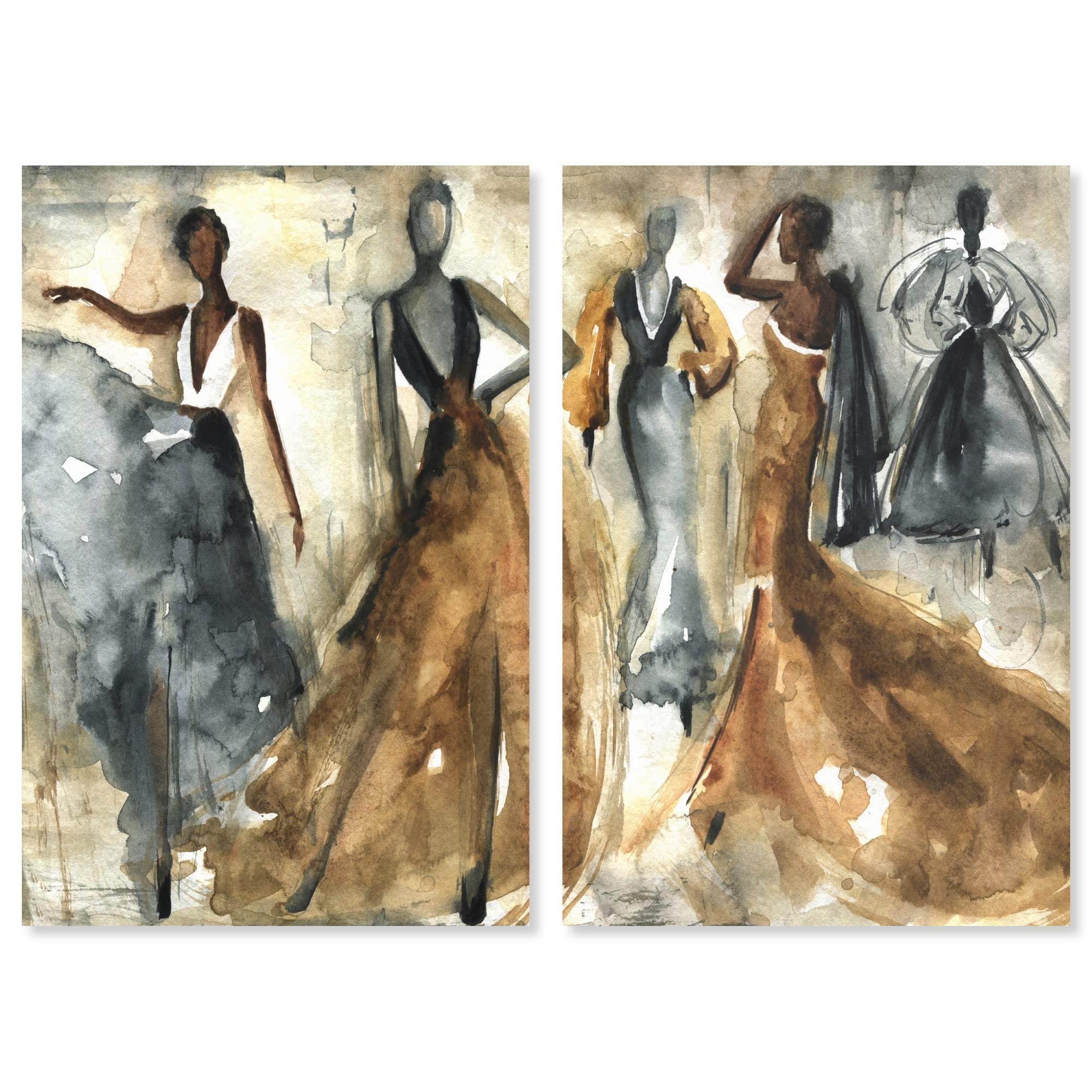 Fashion and Glam 'Dancing Women Two Piece' Runway by Oliver Gal |Brown, Gray 2 Panel Wall Art | Canvas Wall Art | Ready to Hang Home Décor