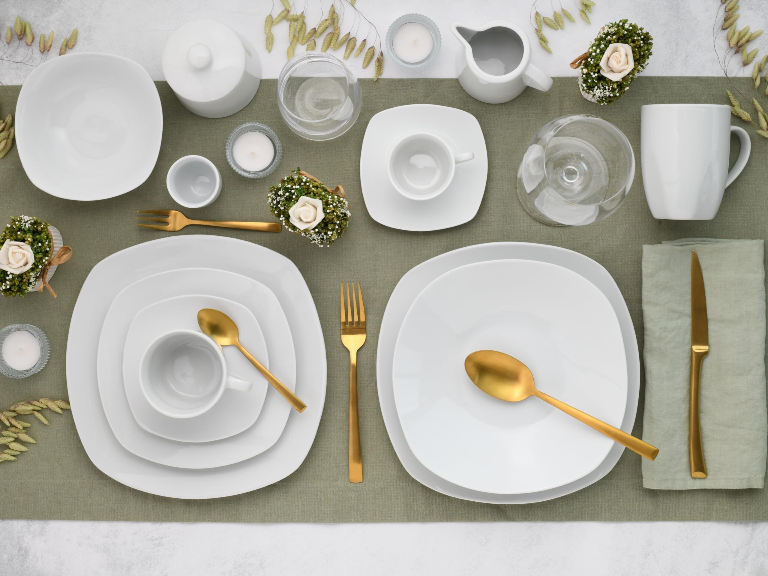 CreaTable, 22535, Serie Square Weiss, 62-teiliges Geschirrset für 6 Personen, Kombiservice aus Porzellan, spülmaschinen- und mikrowellengeeignet, Qualitätsproduktion