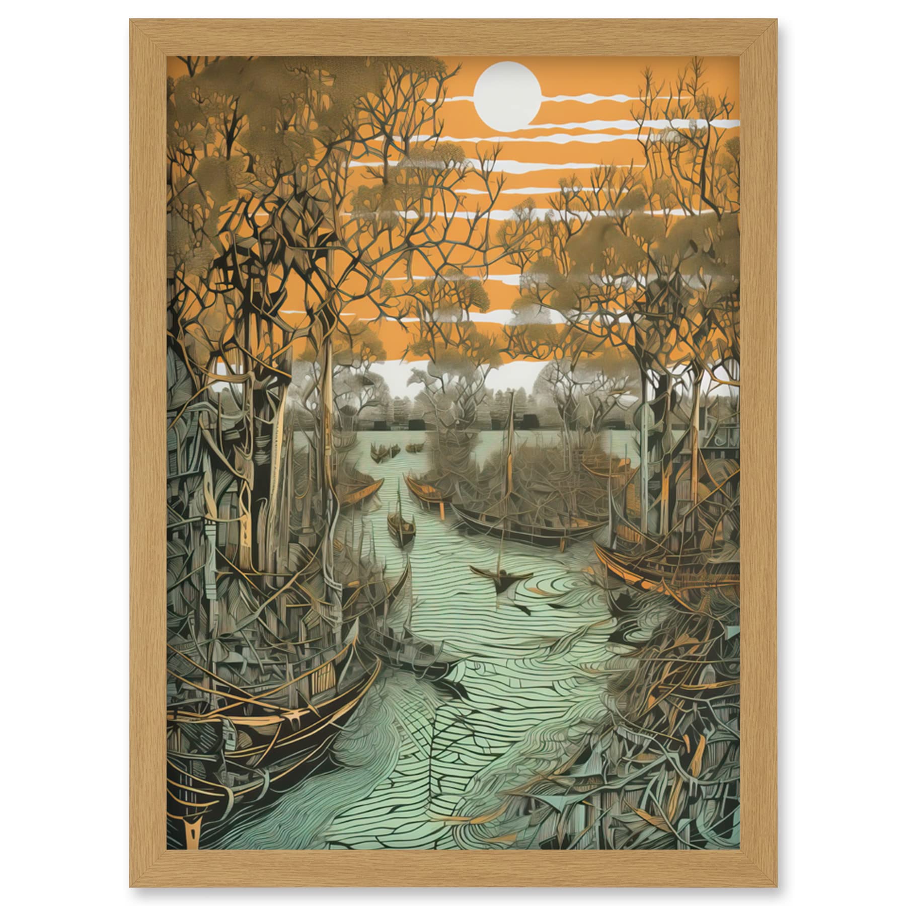 Artery8 Mangrove Forest Swamp Landscape Linocut Style Artwork Framed Wall Art Print A4