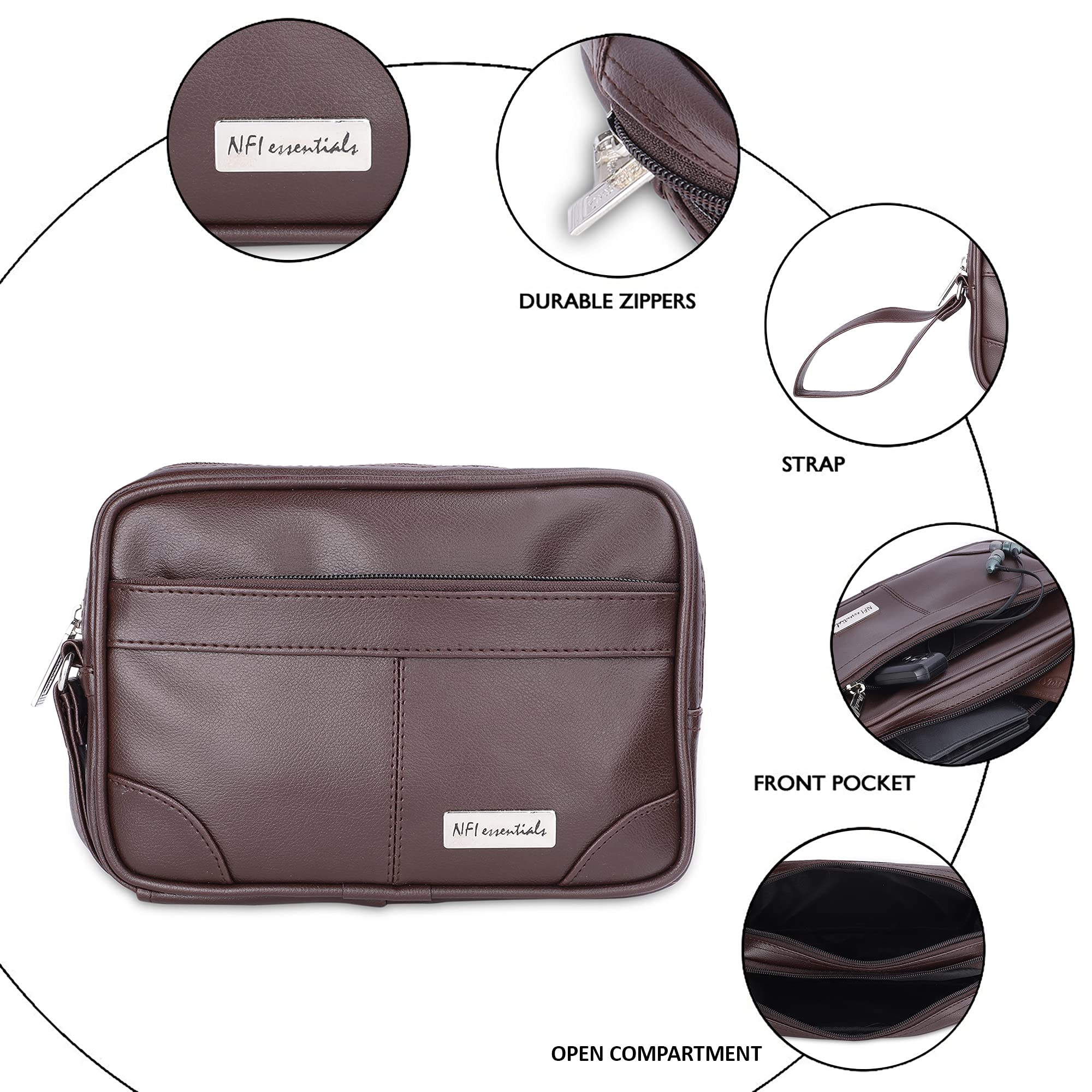 NFI Essenitals Men's Premium PU Leather Wrist Pouch Handy Bag with Detachable Strap Multi-Pocket Organizer for Mobile, Wallet & Travel Casual & Office Handbag (26x18x9 cm,Brown) 1