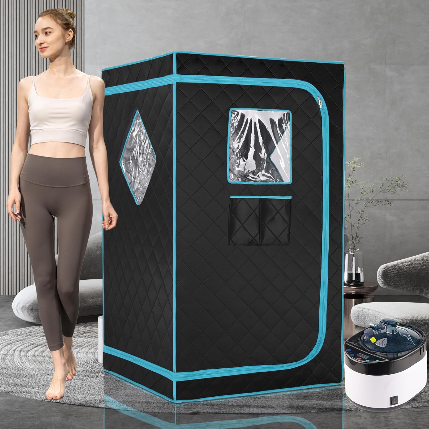 Portable Steam Sauna Box for Home Spa, Steam Saunas for Home, Full Body Sauna Tent for Relaxation, 1500W & 4L Sauna Steamer Machine, Remote Control, Foldable Chair (Black) Vertical Steam Sauna-140