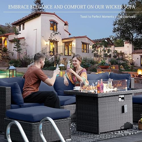 Miniatura 2 de BULEXYARD Juego de muebles de patio de 7 piezas con respaldo alto para exteriores, con fogata, sofá modular de mimbre resistente para todo tipo de