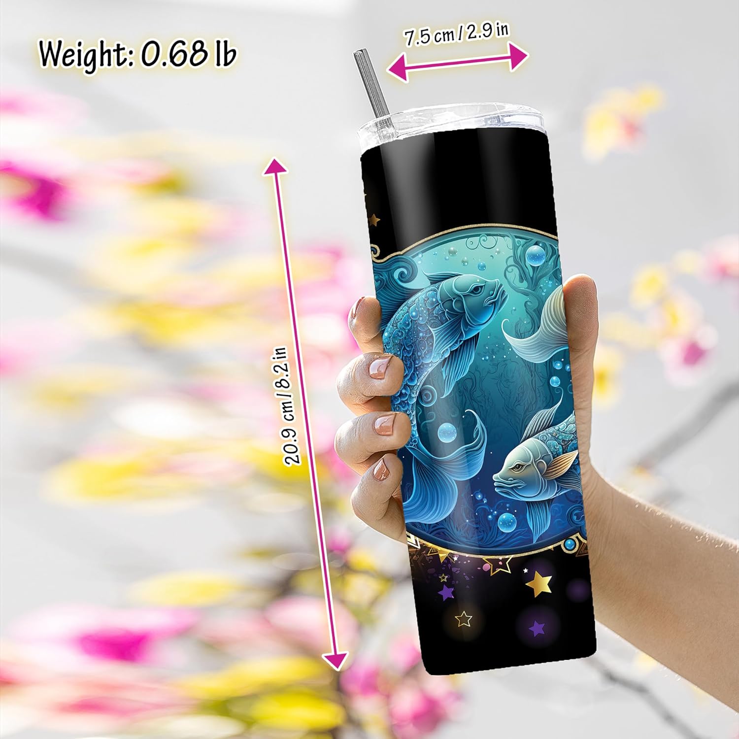 20 oz Insulated Double Wall Stainless Steel Tumbler with Spill Proof Lid and Reusable Straw, Water Bottle Coffee Cups Travel Mug, Gift Ideas, Stars ALL ZODIAC SIGNS Cup Mug Tumbler (Pisces)