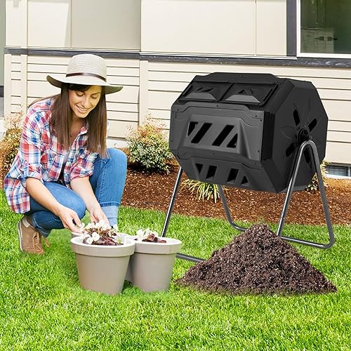 Miniatura 9 de Goplus Contenedor de compostaje de doble cámara para exteriores de 42 galones con 2 puertas corredizas, marco de metal resistente, compostador