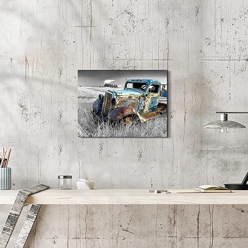 Miniatura 4 de SunFlax Lienzo de pared de automóvil oxidado obra de arte de camión azul antiguo, cuadro rústico de automóvil, pintura antigua de campo, impresión