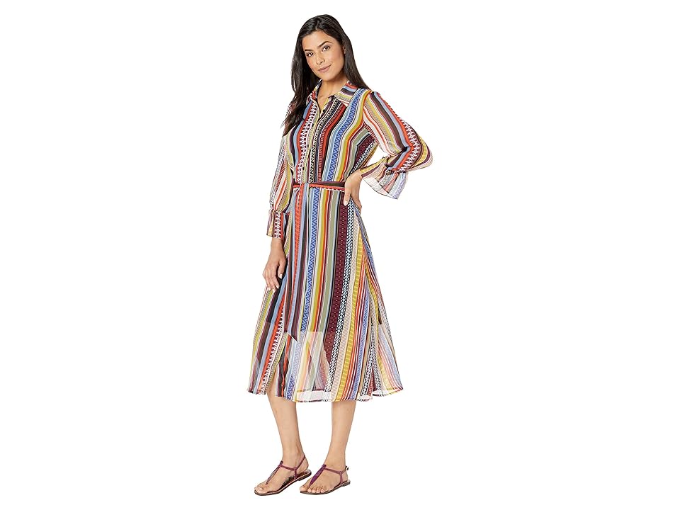 

eci Multi Tribal Print Stripe Chiffon Midi Shirtdress (Multi) Women's Clothing