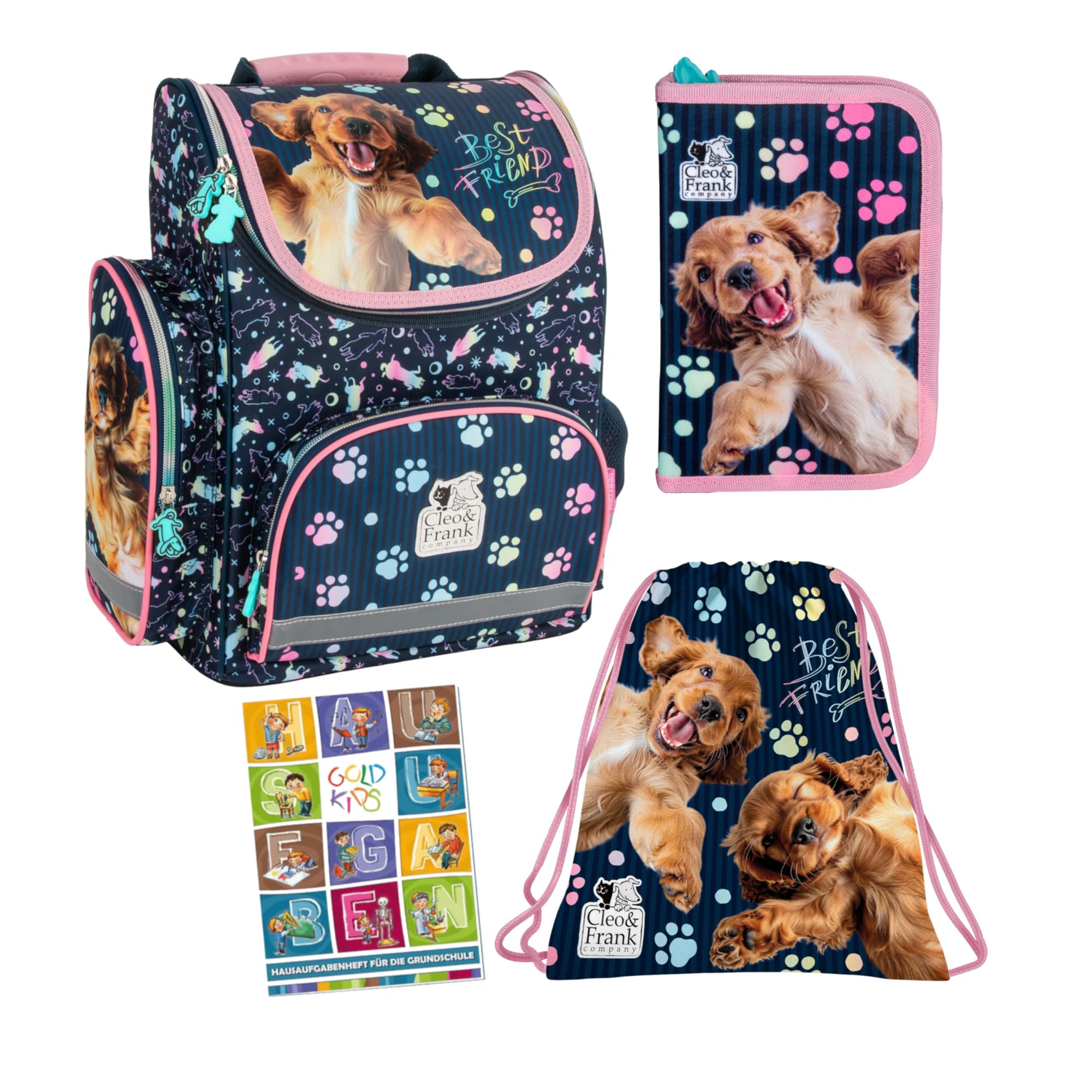 Goldkids - Schulranzen für Jungen und Mädchen, 4er-Set - Schul-Rucksack für Kinder mit Federmäppchen - Schuhbeutel und Hausaufgabenheft - Hund Motiv - 1-3 Klasse