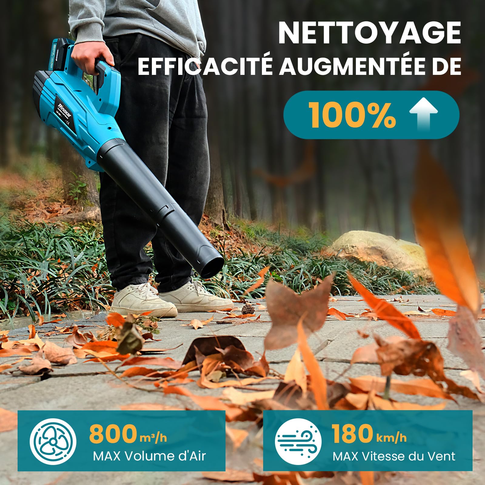 Souffleur Batterie, 5 Vitesses Souffleurs de Feuilles sans Fil avec Moteur Brushless, 2 Batteries 5.2Ah/18V, 35.000 RPM, Vitesse de l'Air 180 km/h, Débit d’Air 800 m³/h, 2 Buses Interchangeables