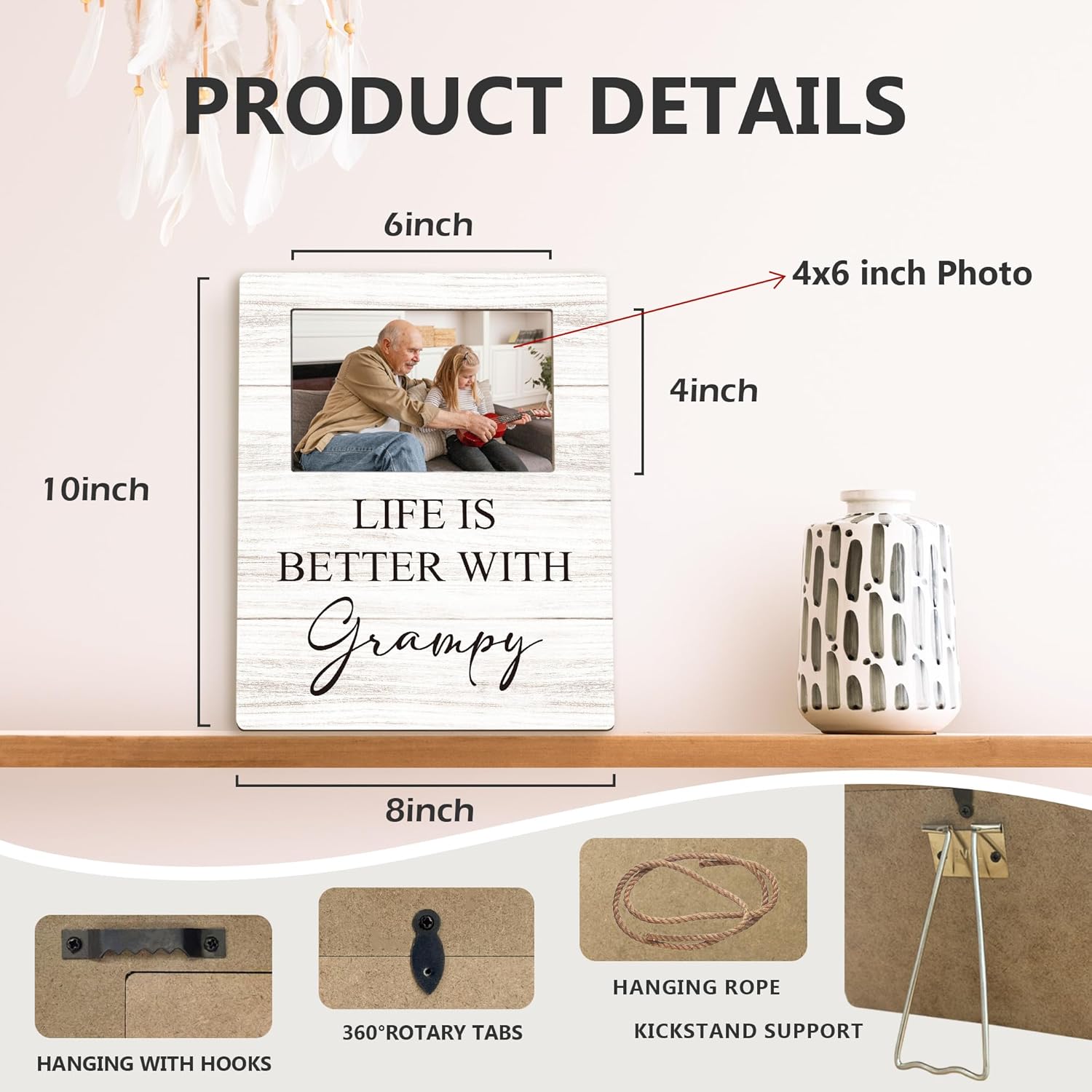 Fathers Day Grampy Picture Frames - Grampie Grandpa Photo Frame, Grandpa Grampie Gifts for Father's Day Birthday from Grandkids, Life is Better with Grampy Picture Photo Frames for Home Bedroom Decor, 4x6 - Image 7