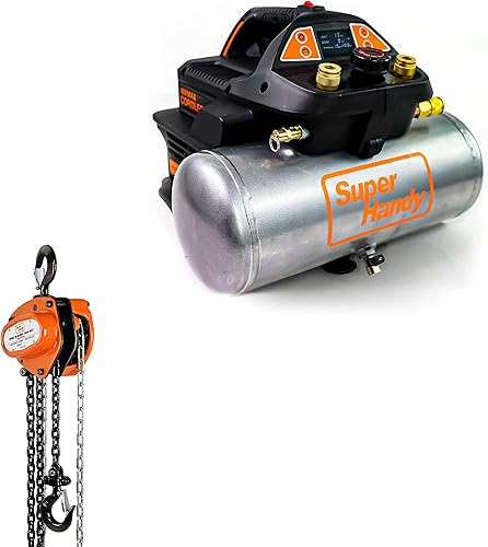 SuperHandy Compresor de aire inalámbrico de 2 galones 135 PSI 10Amp 34eHP Inflador portátil de neumáticos y polipasto manual de cadena que viene a
