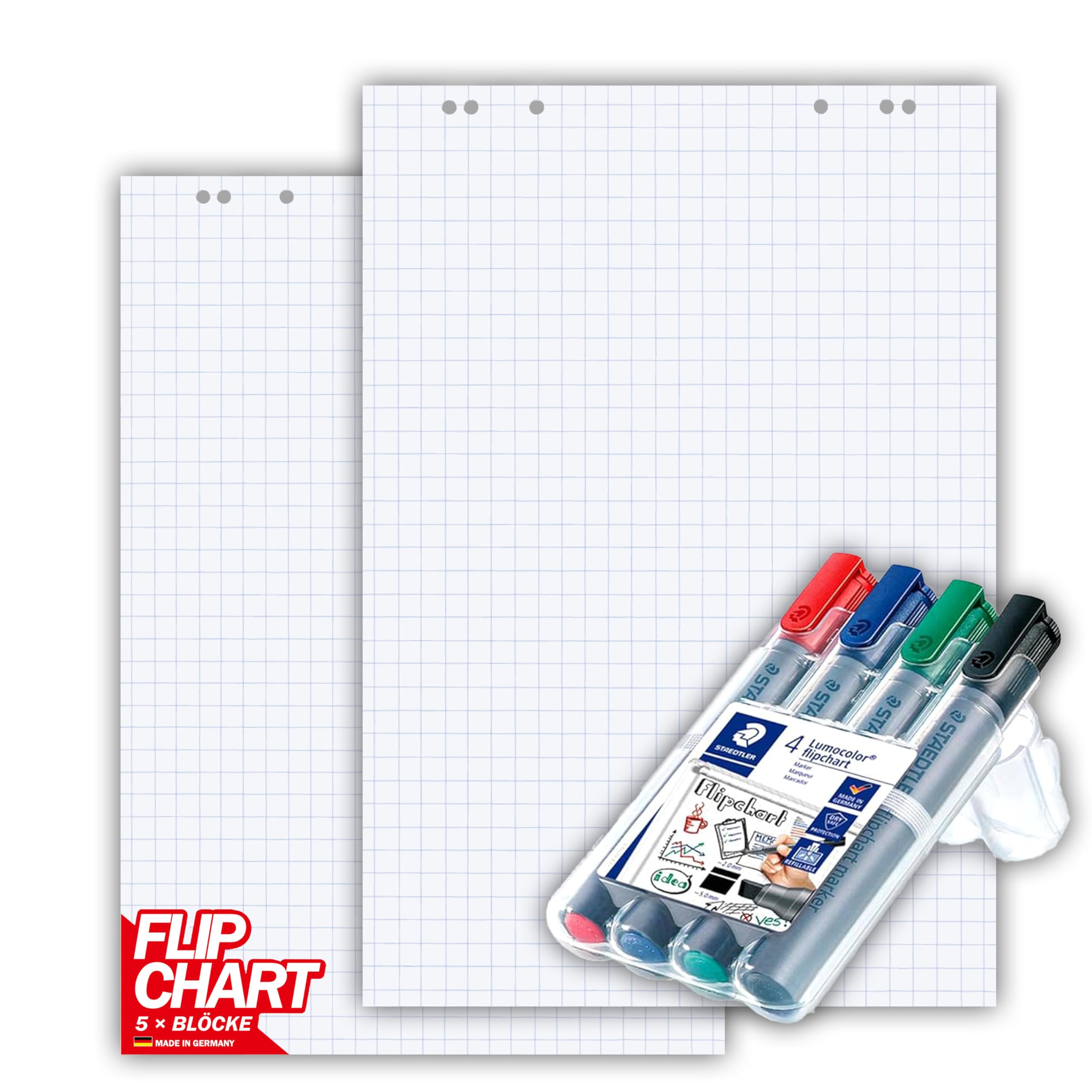 Conipa® - 5 x Set Flipchart Papier Block 68x99 cm weiß (KARIERT) 80 g/qm - 5 Blöcke à 20 Blatt INKL. 4 x Flipchart-Stifte (Marker) - Whiteboard-Papier & Blöcke - Board Paper für Charts & Meetings