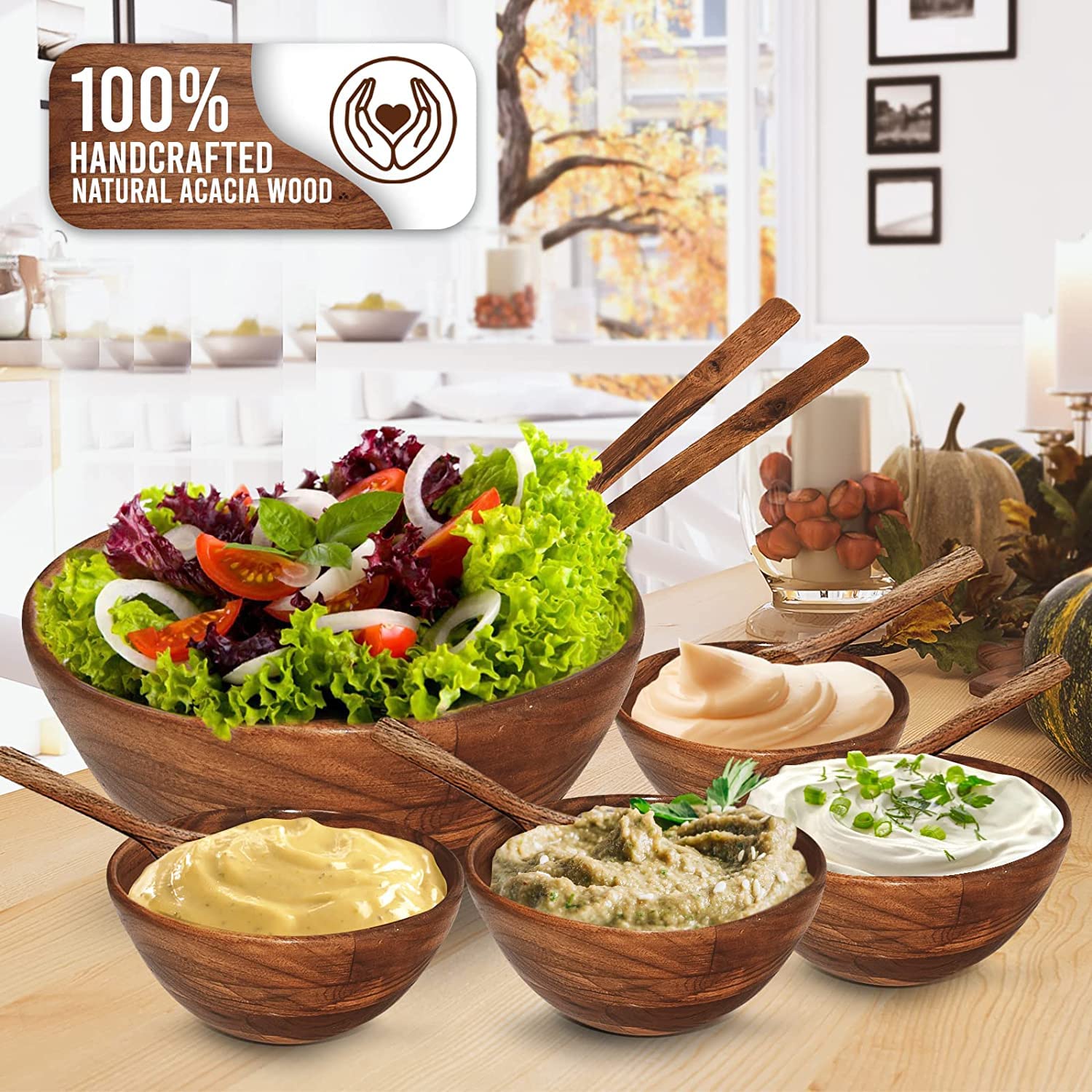 Lot de saladiers en bois d'acacia de qualité supérieure 100 % fabriqué à la main en bois naturel pour fruits, salade bonbons - 1 bol de 25,4 cm, 10,2 x 15,2 cm, 4 petites cuillères, 1