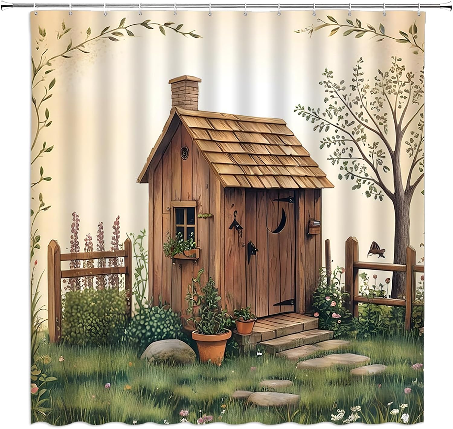 Outhouse Shower Curtain Vintage Rustic Farmhouse Wooden Backhouse Primitive Country Grass Yard 84" Wx70 H Fabric Bathroom Decor Curtain with Hooks